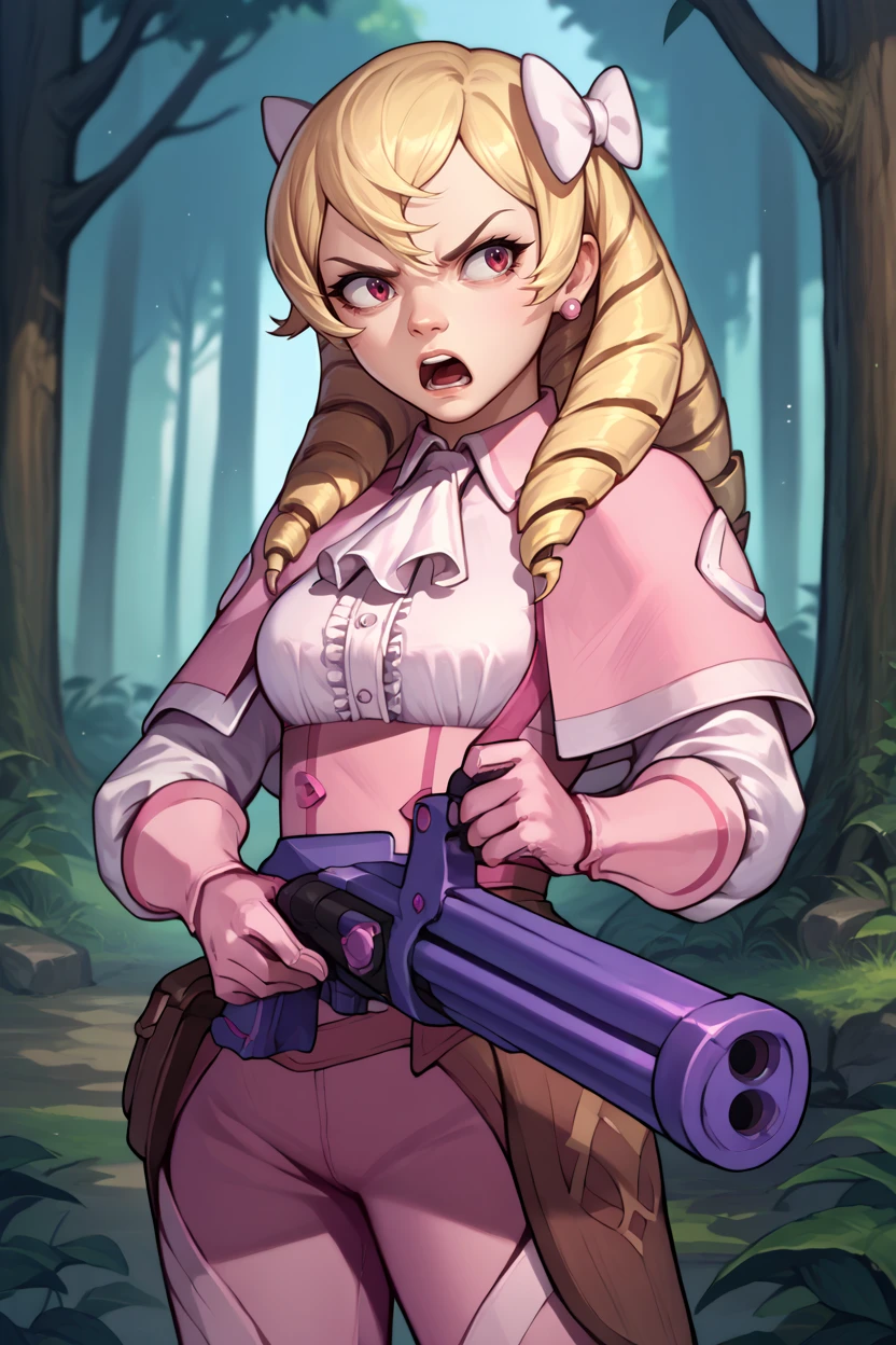 score_9, score_8_up, score_7_up, score_6_up, source_anime, 1girl, solo,  <lora:femaribelle-pdxl-nvwls-v1-000005:1> maribelle, blonde hair, long hair, drill hair, hair bow, earrings, pink capelet, ascot, frilled shirt, pink pants, pink gloves, boots <lora:GatlingGun_pdxl_Incrs_v1:1> gatling gun, holding gatling gun, annoyed, open mouth, forest