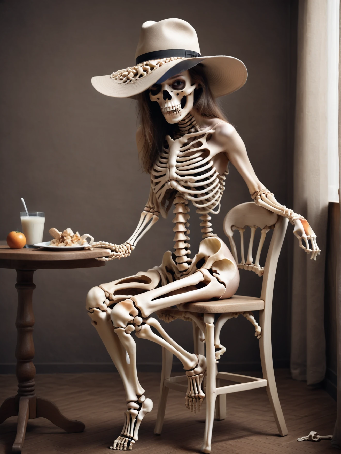 1 girl, sexy dress, wide-brimmed hat, high chair, sitting, boneswm, <lora:Bones_World_Morph_SDXL:1>