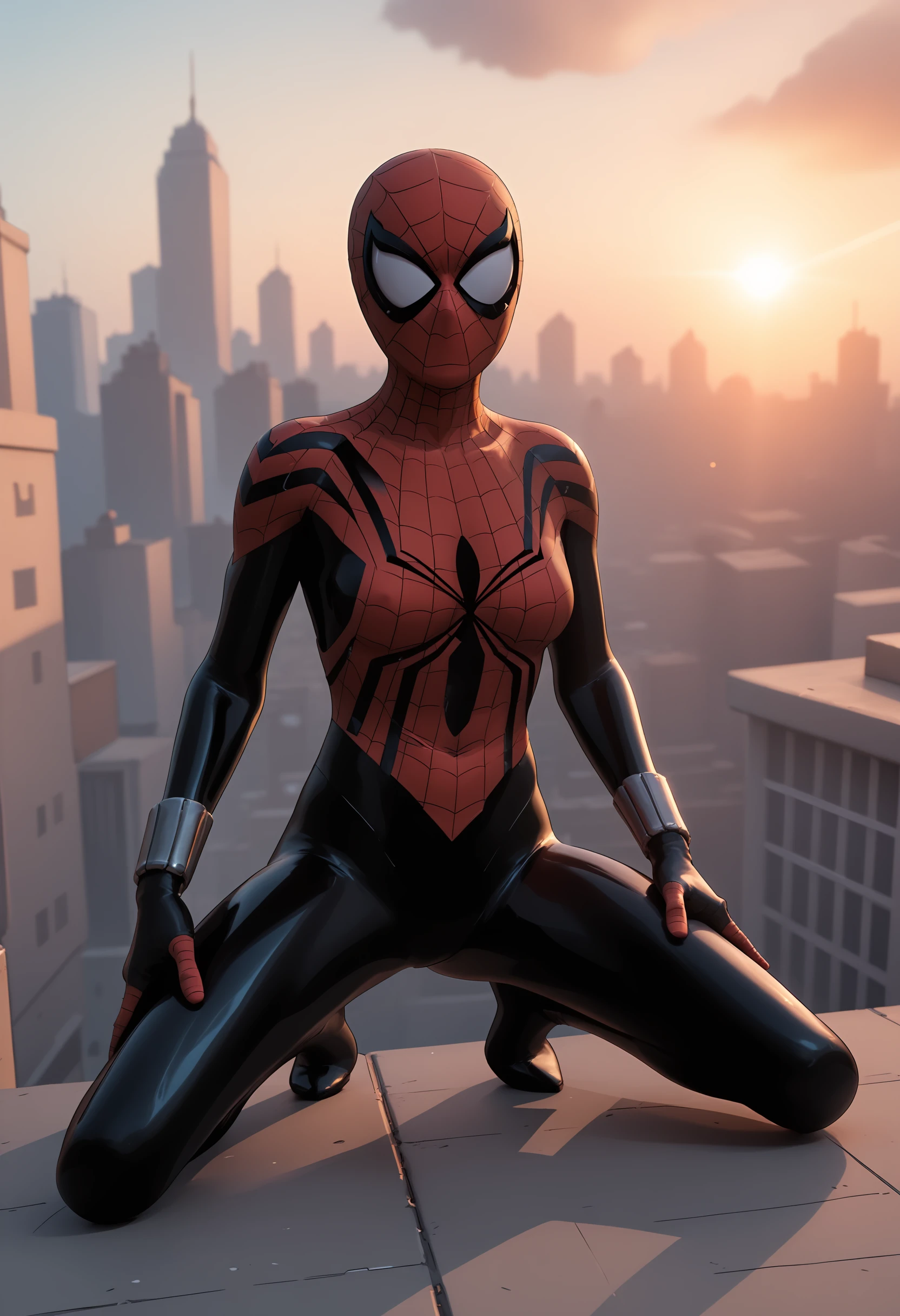 score_9, score_8_up, score_7_up, score_6_up, score_5_up, score_4_up, 1girl, <lora:SpiderGirl:0.85> superhero, medium breasts, bodysuit, spider web print, mask, spider webs, 
(city background), on rooftop, blurry background, sky, clouds, 3d, render,