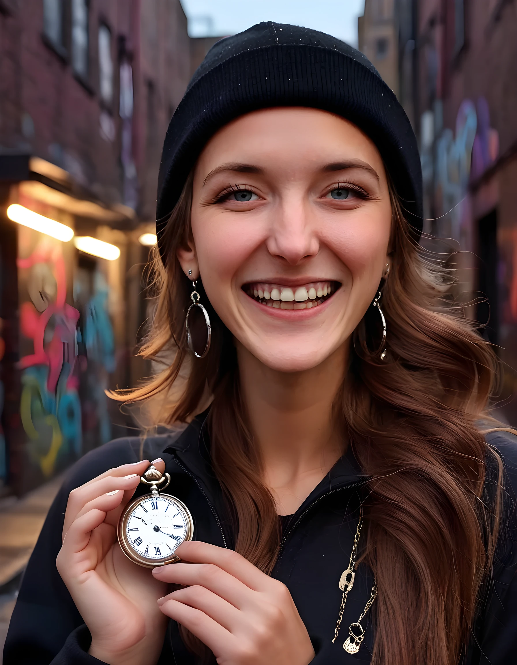 In a captivating, high-definition close-up, the woman, with her long, cascading chestnut locks framed by glinting silver earrings and a black beanie, adorns an intricately designed i50b3lh outfit of vibrant hues, featuring a blend of futuristic and ethnic elements. Her gaze is warm and radiant, her teeth gleaming in a broad, confident smile as she holds a glistening, antique pocket watch. The image is set against the backdrop of a dimly lit, graffiti-covered alleyway at dusk, with neon lights flickering from distant storefronts casting an ethereal glow on her striking visage, creating a dramatic and thought-provoking tone that speaks to both the timeless beauty of human connection and the relentless march of progress.