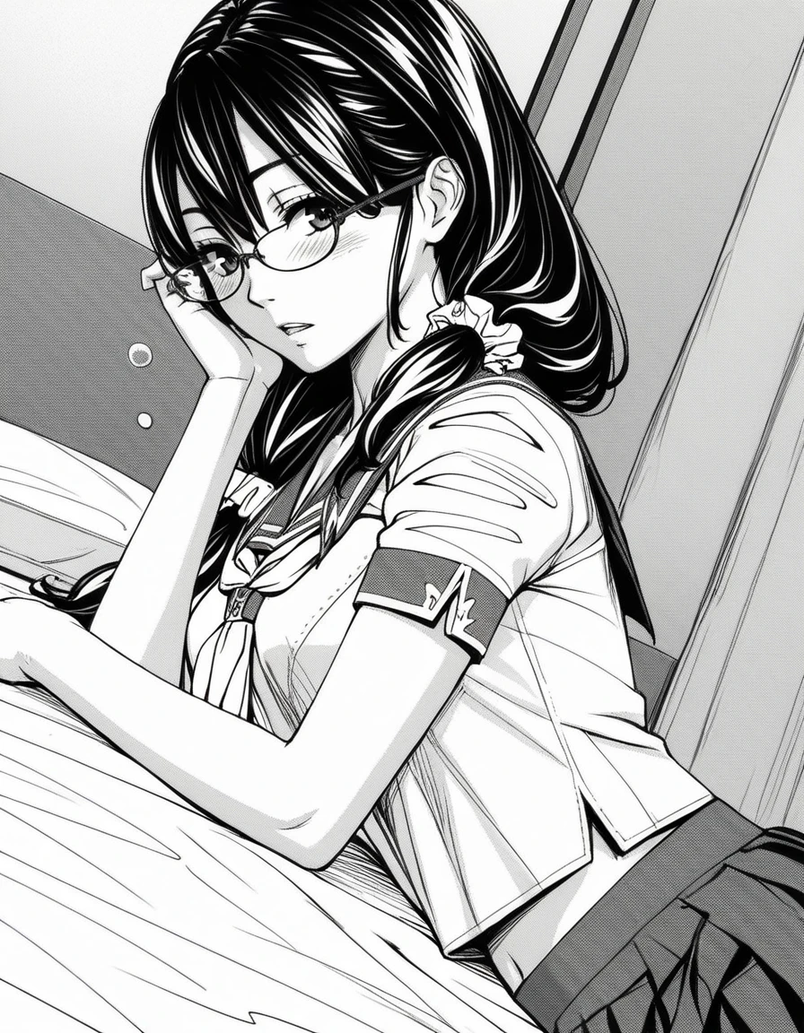 score_9, score_8_up, score_7_up, source_anime, <lora:mika-hayashi-manga-ponyxl-lora-nochekaiser:1>, mika hayashi, glasses, black hair, long hair, hair over shoulder, scrunchie, monochrome, greyscale,, skirt, school uniform, pleated skirt, serafuku, neckerchief,, indoors, bed, bed room, on side, blush, drunk, looking at viewer, solo,, cowboy shot, dutch angle