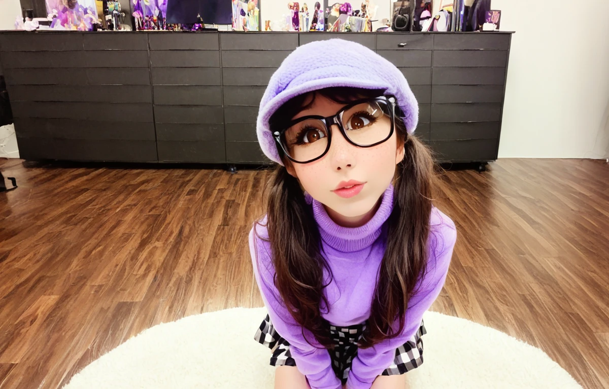 real life, cinematic:1.5), detailed eyes, beautiful, apartment room, wood floor, carpet, ,kiwisunsetlora, 1 female, female focus, glasses, brown eyes, looking at viewer, long hair, purple sweater, hat, white long sleave shirt,  parted lips, black-framed eyewear, twin tails, black, freckles, checkered black skirt, detailed eyes, detailed face,  realistic, high quality, photorealistic, hyperrealistic, ultradetailed, professional photography, <lora:kiwisunset_lora_test:1>