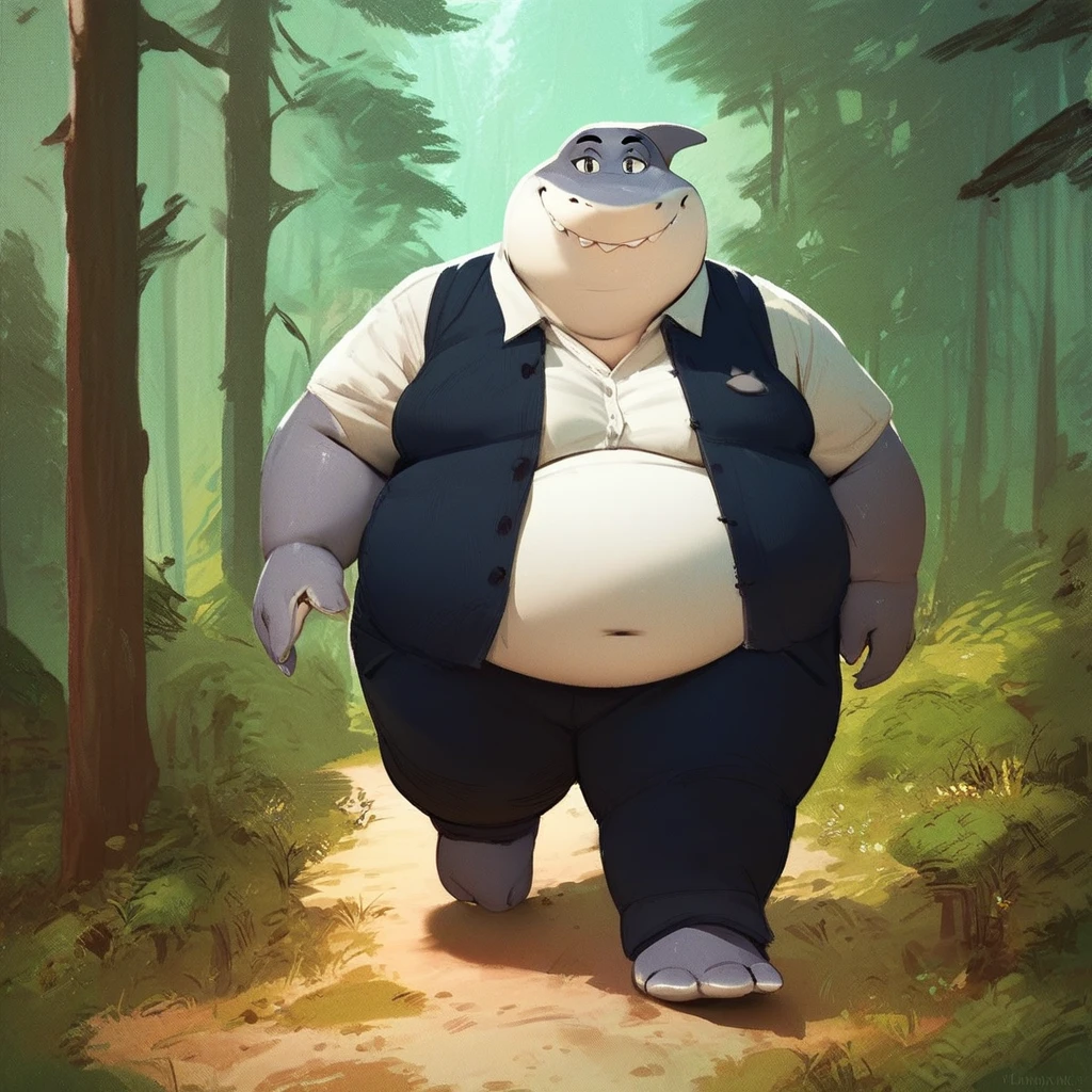 score_9, score_8_up, score_7_up, score_6_up, score_5_up, score_4_up, mrshark, shark, cartoon, chubby, fat, three toes, shirt, vest, pants, outside, forest background, forest scenery, wandering in the forest, walking, looking at viewer, smiling