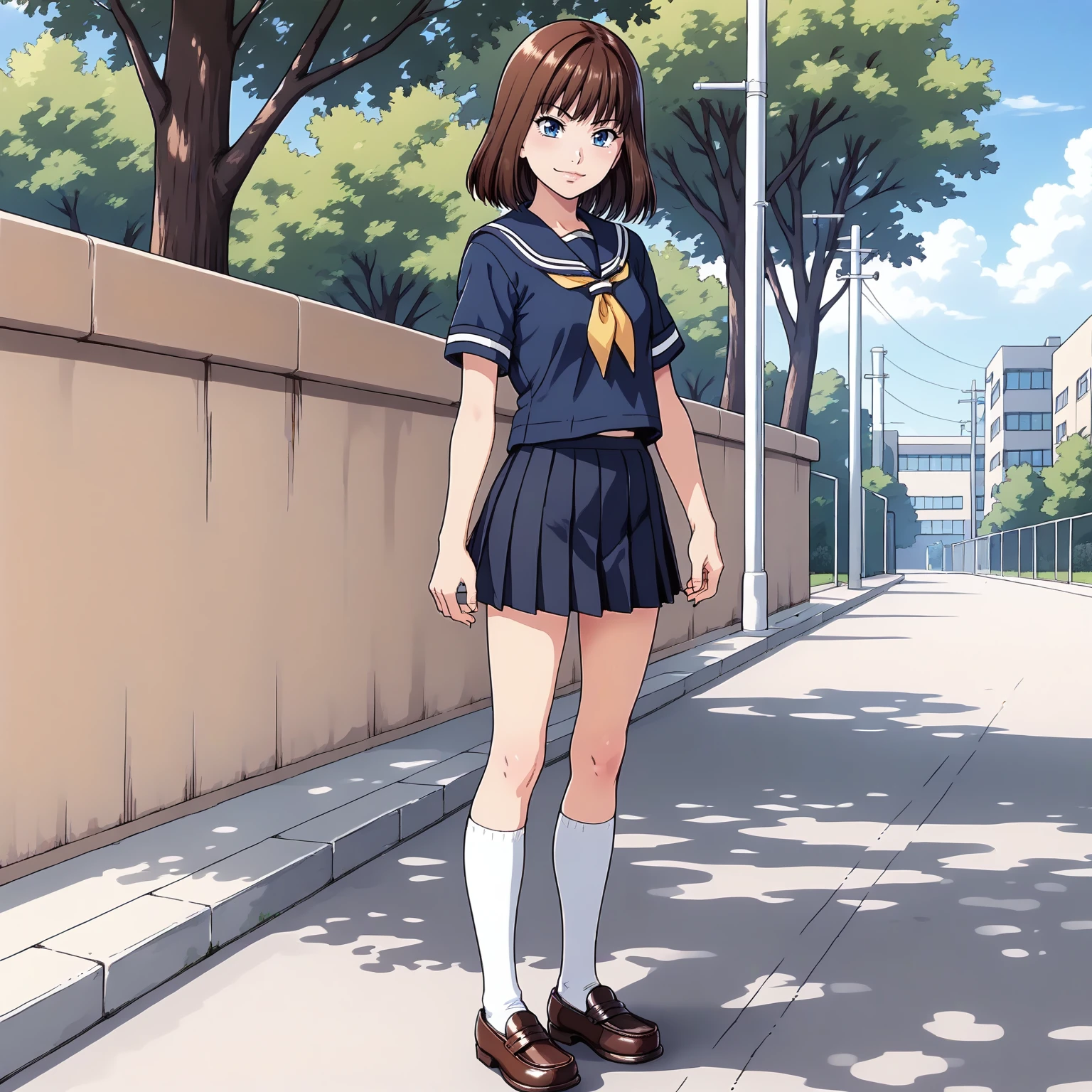 <lora:NBnSd_AiOonoseXLpony001>,
smirk,
solo,
AiOonose,1girl,brown hair,medium hair,blue eyes,
serafuku,black blue shirt,short_sleeves,
pleated_skirt,black skirt,
white socks,loafers,
standing,
outdoors,school,