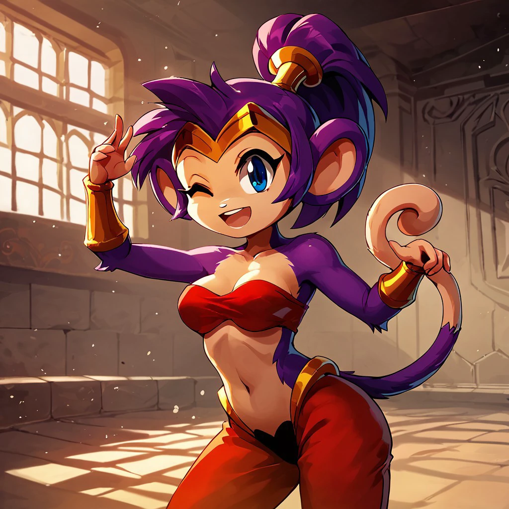 score_9, score_8, score_7, score_7_up, 1girl, solo, monkeyshan, furry, monkey, no_nose, tail, purple_fur, circlet, multicolored_fur, dancing, breasts, blue_eyes,  purple hair, ponytail, red_bandeau, red_pants, red_bottoms, red_harem_pants:2, gold_bracers, on_stage, marble building, ornate_decotrations, marble_stage, looking_at_Viewer, bangs, inside, tall, dark_background, spotlights, smile, open_mouth, wink