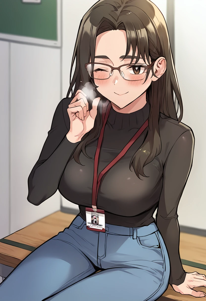 score_9, score_8_up, score_7_up, masterpiece, source_anime, 1girl, ct_yeon, long hair, semi-rimless eyewear, large breasts, black turtleneck sweater, lanyard, id card, jeans, looking at viewer, depth of field, indoors, cowboy shot, smile, sitting, one eye closed, happy, blush, hand up, breath,<lora:SoYeonGoo_Pony_ct:0.9>