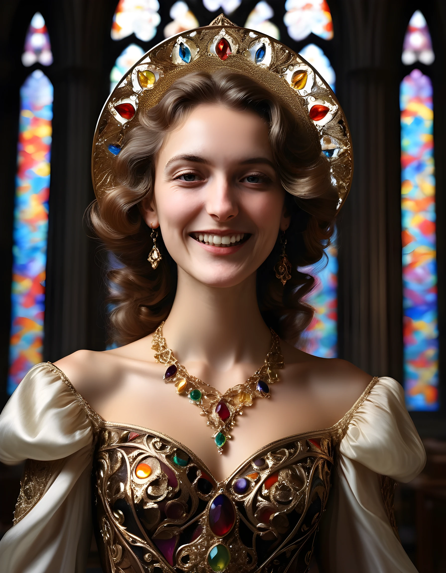 In a high-contrast, chiaroscuro style reminiscent of Caravaggio's Baroque masterpieces, the image focuses on a woman with a radiant smile, her deep-set eyes sparkling like twin stars framed by long, cascading chestnut curls. She is clad in an exquisite i50b3lh ensemble that blends medieval elegance with modern sensibilities _ a fitted bodice adorned with intricate gold filigree and precious gemstones, paired with a flowing skirt of shimmering silk. A wide-brimmed hat, trimmed with feathers and pearls, rests jauntily atop her head, casting dappled shadows across her flawless complexion. Her full, rosy lips are parted in a charming smile as she turns slightly to the side, revealing an elaborately designed necklace that catches the light and reflects a kaleidoscope of colors. The background is a dimly lit, Gothic cathedral, its stained-glass windows casting prismatic patterns on her form, adding an ethereal quality to this captivating portrait, evoking a sense of timeless beauty and enchantment.