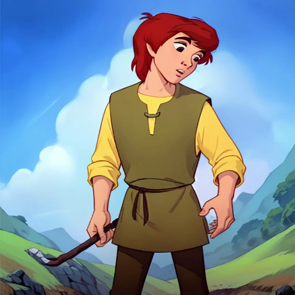 score_9, score_8_up, score_7_up, BREAK, Taran, boy, red hair semi-long,tunic, sky, parted lips, black eyes, male focus, yellow shirt, parody, looking down, holding food, red hair