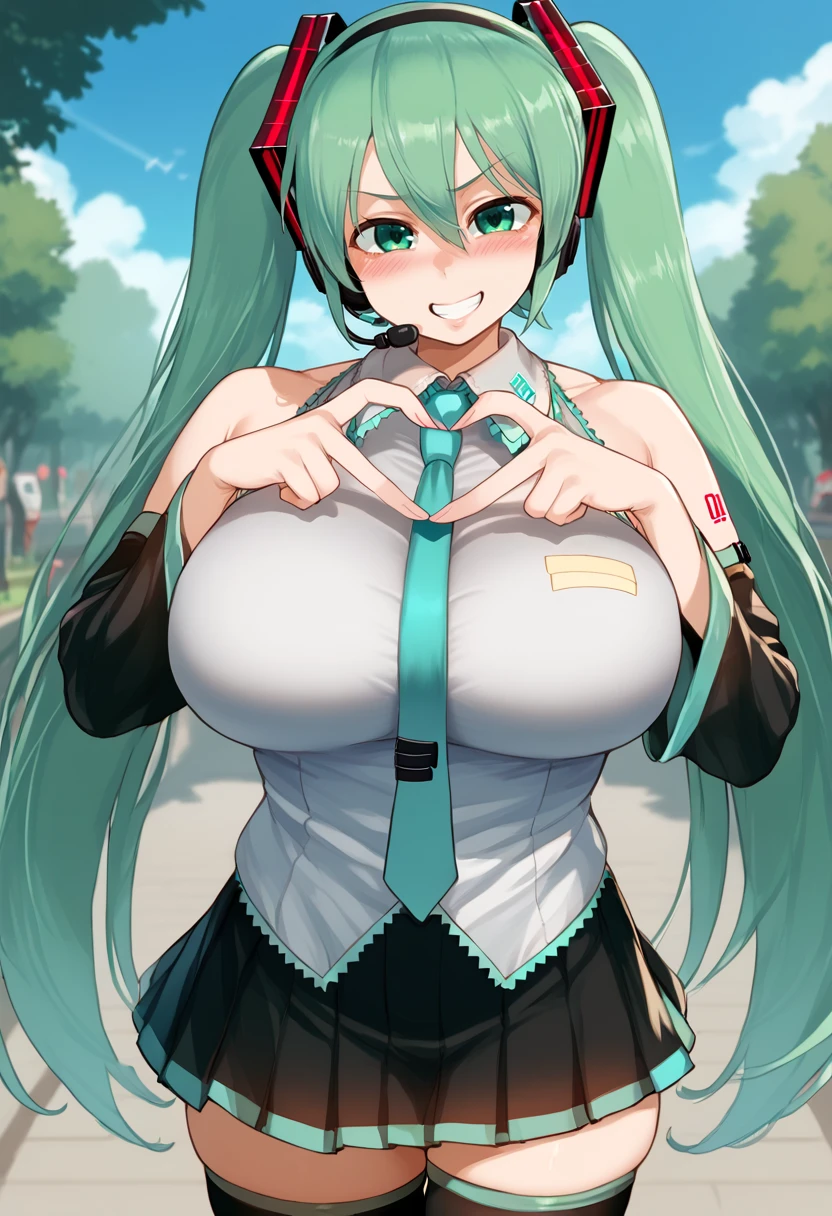 score_9, score_8_up, score_7_up,  source_anime BREAK 1girl, cowboy shot, looking at viewer, solo,
<lora:BigMikuDwnsty_r1-000003:1>, bigmiku, green hair, green eyes, long hair, twintails, headset, skirt, detached sleeves, collared shirt, sleeveless shirt, thighhighs, 
huge breasts, smile, lips, blush, grin, blush, heart hands, heart fingers, 
outdoors, nature, blue sky,   <lora:Heart_Fingers__Concept_Lora:1>