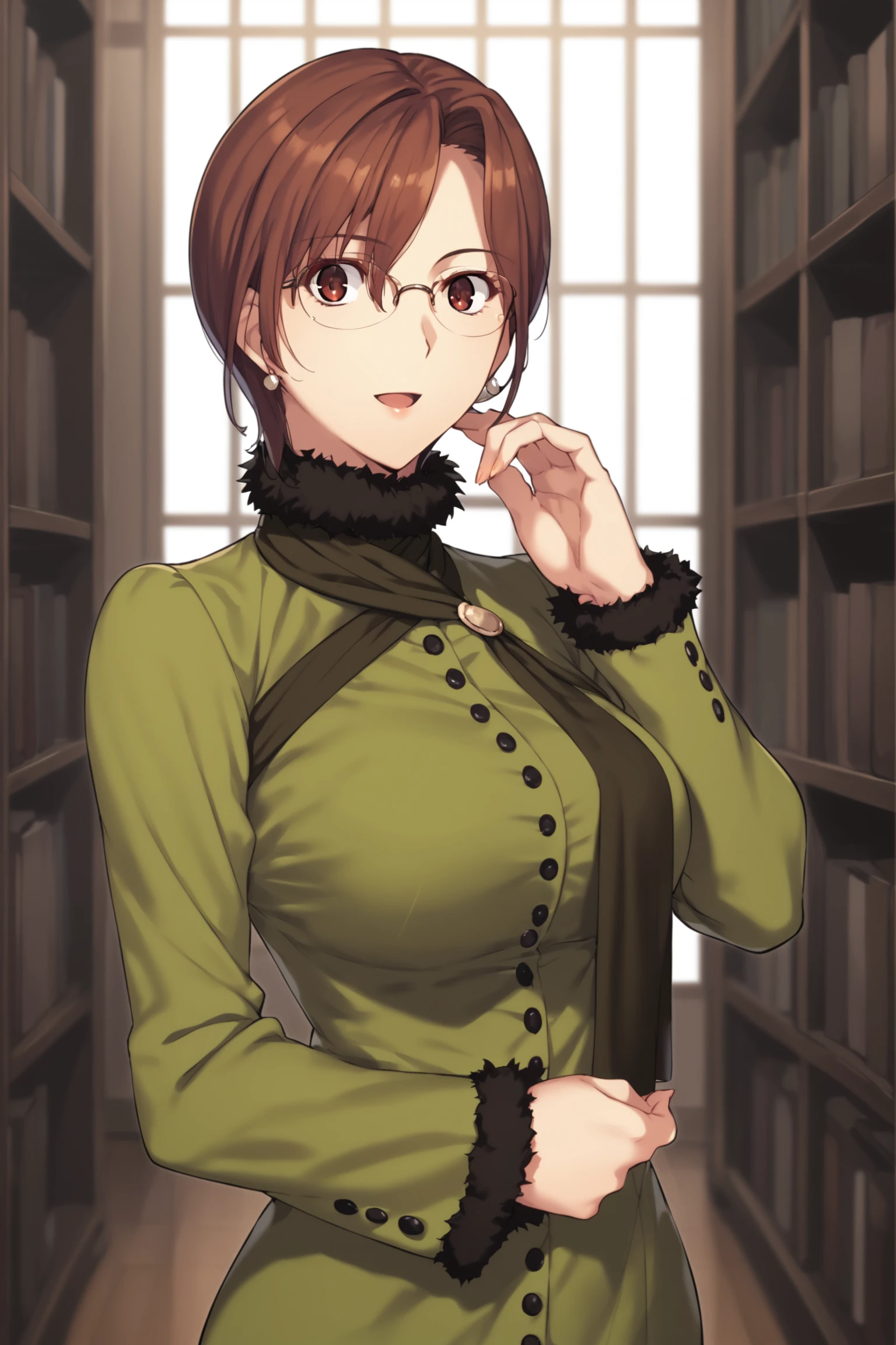 score_9, score_8_up, score_7_up, score_6_up, score_5_up, source_anime, rating_safe, medium breasts, indoors, library, 1girl, solo, <lora:age_slider_v4:3>, aozaki touko, brown hair, short hair, brown eyes, glasses, dress, long sleeves, green dress, scarf, fishnets, fishnet pantyhose, highheels,  <lora:Touko_Aozaki:0.8>, dynamic pose, (upper body:1.2), open mouth