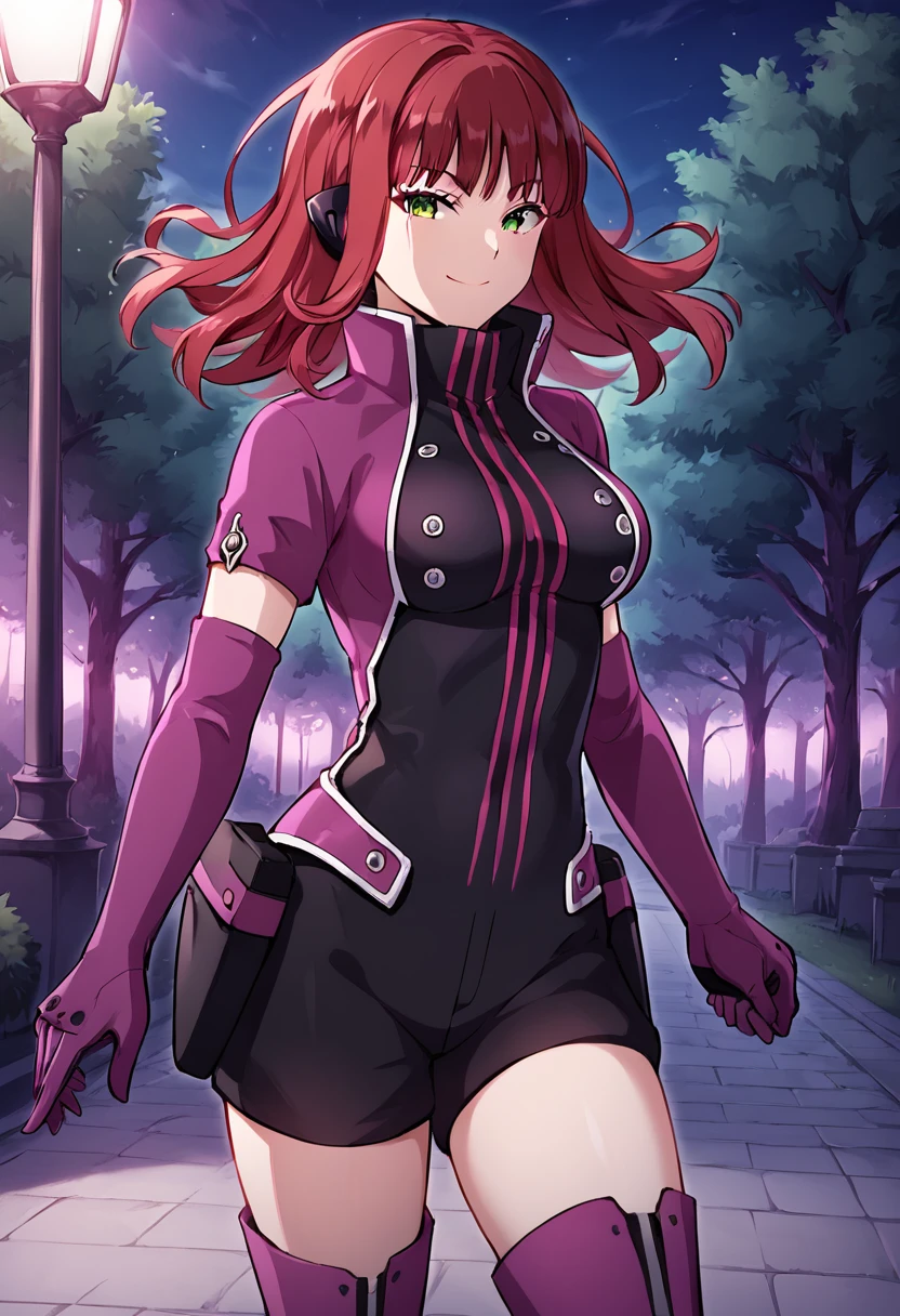 katori_youko, red hair, medium hair, green eyes, medium breasts, official art, border battlesuit, purple gloves, purples tighthighs, black shorts, purple boots, BREAK outdoors, night, park. night sky, trees, BREAK cowboy shot, looking at viewer, standing,closed mouth, sexy smile, front view, flirty, battle pose, dynamic pose BREAK score_9, score_8_up, score_7_up, source_anime ,zPDXL,  <lora:Katori_Youko:0.8>