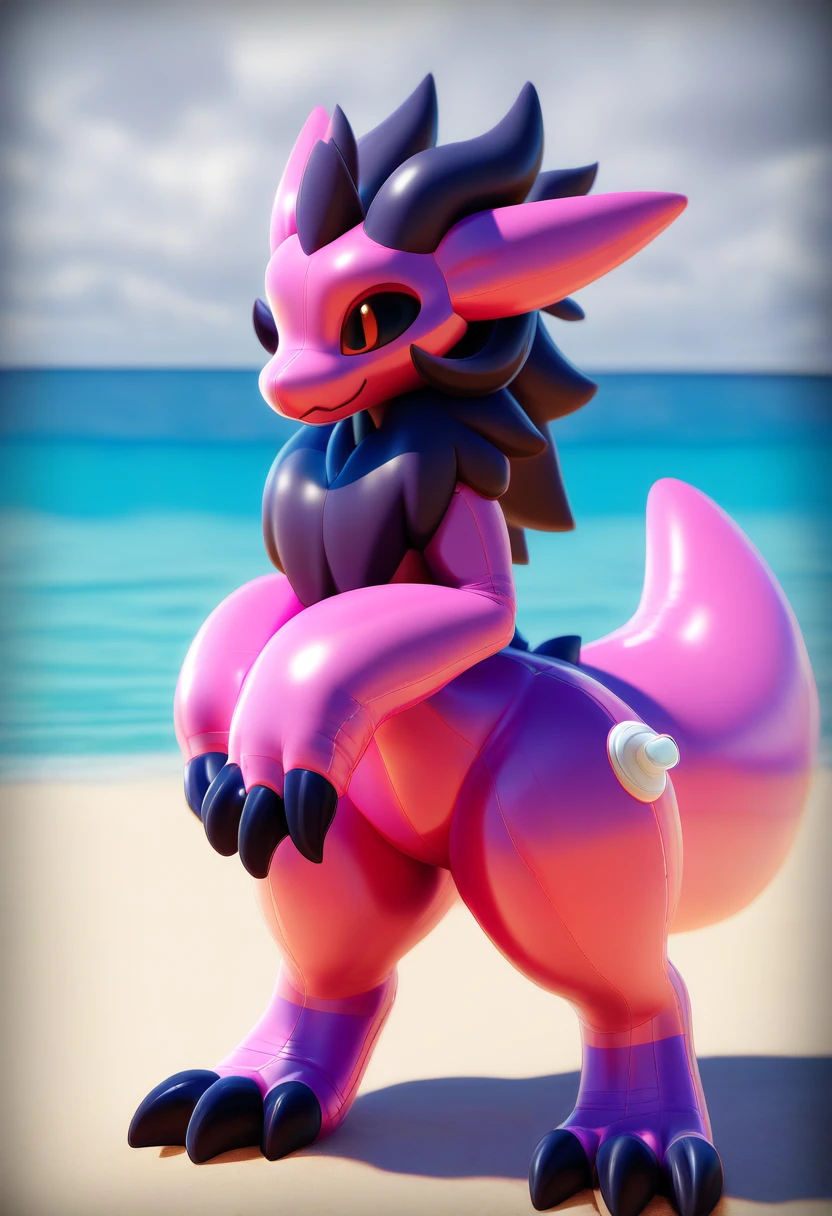 scalie, (female kobold:1.3), (detailed dark pink scales:1.3), detailed scales, intricate scales, (small breasts), (nude), (detailed face), (detailed clear eyes:1.3), claws, open mouth, grin, (fangs:1.3), cute, young, muscular, athletic, dynamic pose, ((sexy pose)), dancing, <lora:kobold-v1-128-AOM3:0.9>,  on the beach, sunshine, in the water, coast, (ambient light on the body), 3d, pussy, vertical split legs, red eyes