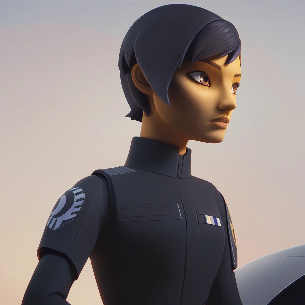 score_9, score_8_up, score_7_up, score_6_up,  Sabine-Wren, SW-Rebels, 1girl, solo, short hair, black hair, brown eyes, upper body, uniform, looking to the side, motor vehicle, imperial uniform, sensitive