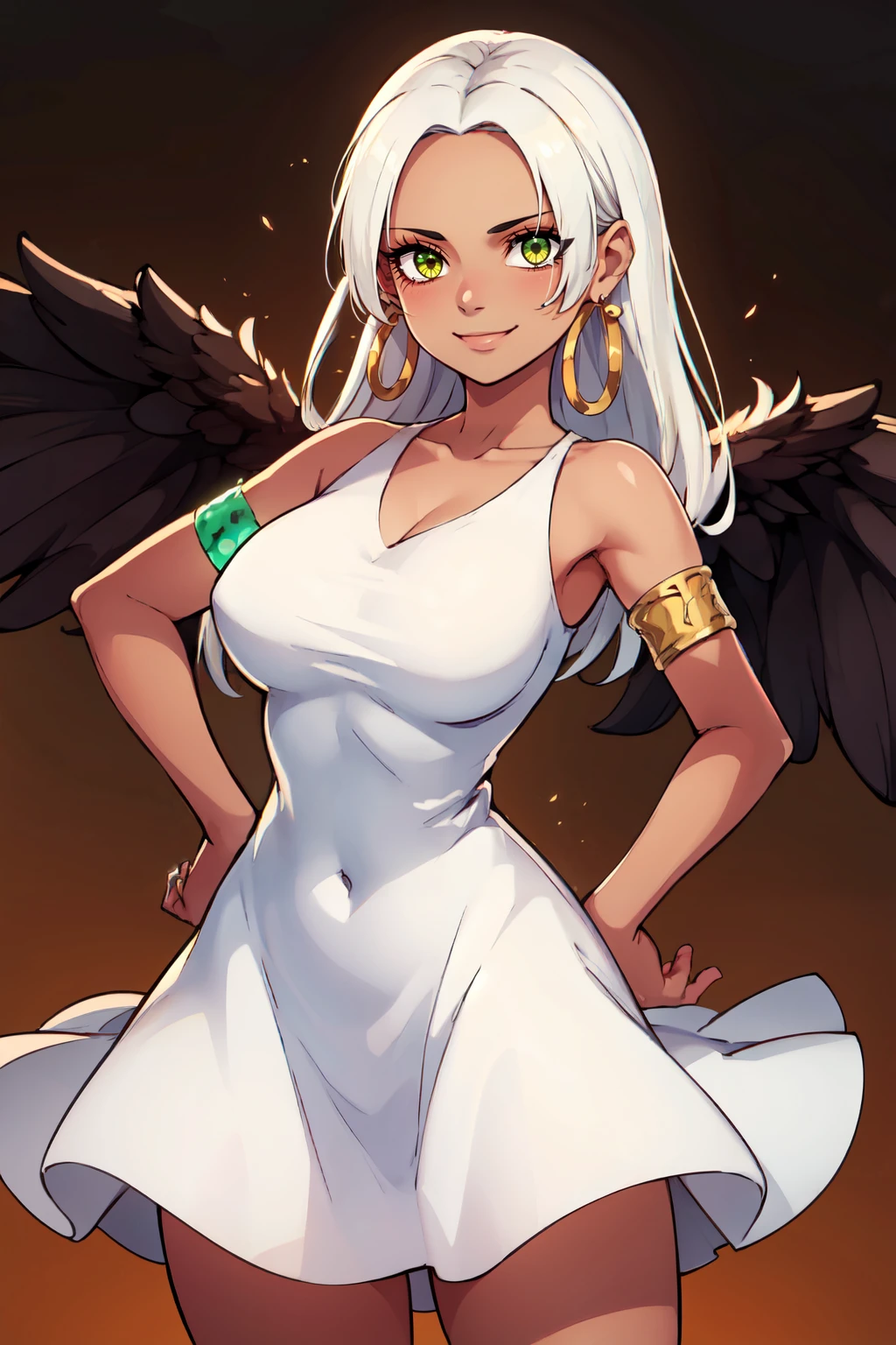 ((masterpiece,best quality)), absurdres, <lora:SSnakeOP:0.8>,   big breasts, curvy,  zzSSnake, dark skin, green armlet, blooking at viewer, simple background, dress, jewelry, cowboy shot, earrings, wings, white dress, hand on hip, sleeveless dress, feathered wings, black wings, hoop earrings, orange background  solo, smile, looking at viewer, cowboy shot,