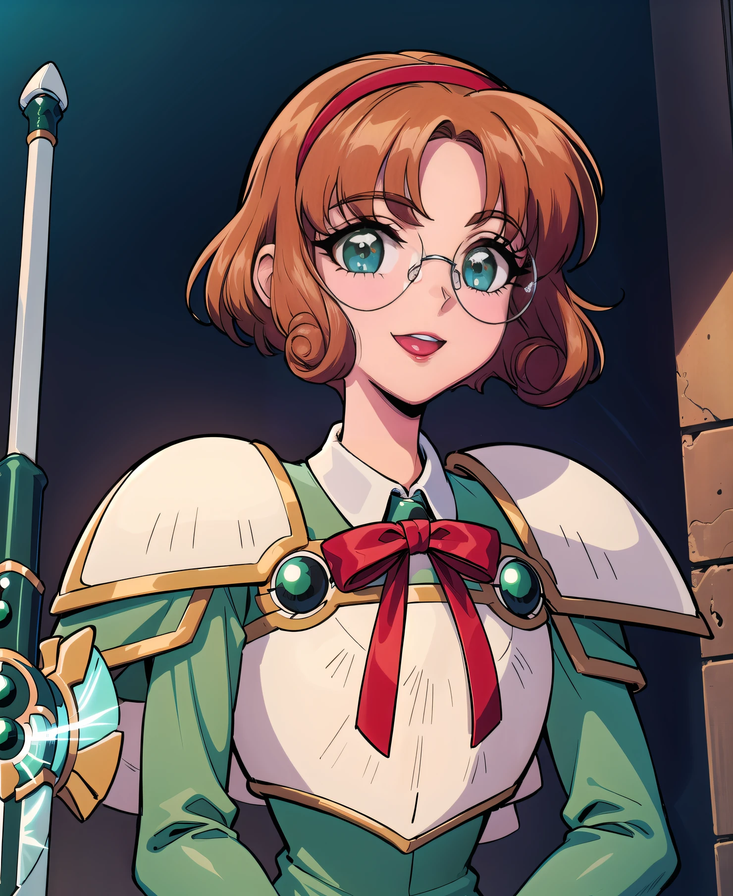 (Masterpiece, best quality:1.4), (insaneres), 8k, 2d, fuu_hououj1, 1girl, shoulder armor, green eyes, brown hair, short hair, curly hair, school uniform, long sleeves, breastplate, neck ribbon, holding escudo sword (rayearth), hairband, round eyewear, glasses,light smile, upper body<lora:EMS-91280-EMS:0.400000>, <lora:EMS-437862-EMS:1.000000>, <lora:EMS-3262-EMS:0.400000>