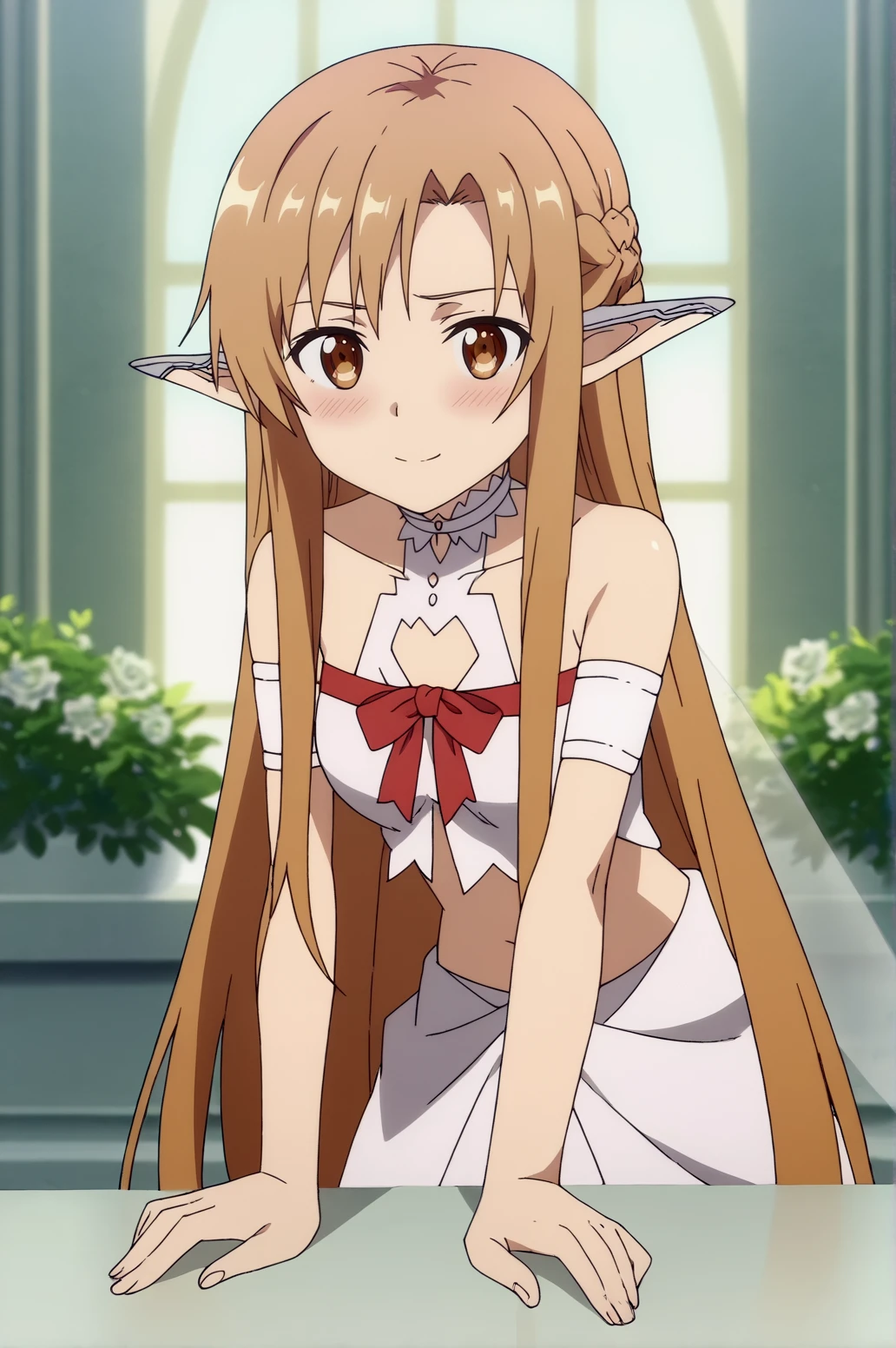 score_9, score_8_up, score_7_up,anime_source, source_anime, best background, detailed background, anime screencap,  Asuna, braid, bare shoulders, ear covers, elf, fairy, fairy \(sao\), fairy wings, long hair, pointy ears, solo, transparent wings, very long hair, wings, navel, midriff, naughty face, blush, pervert, doggystyle,   indoors,  <lora:JN_Yuuki_Asuna:0.8>