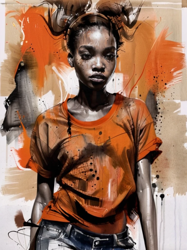 ink painting a full body shot of a african girl wearing a orange shirt alluring looking away style by RM <lora:russ-mills-style:1>