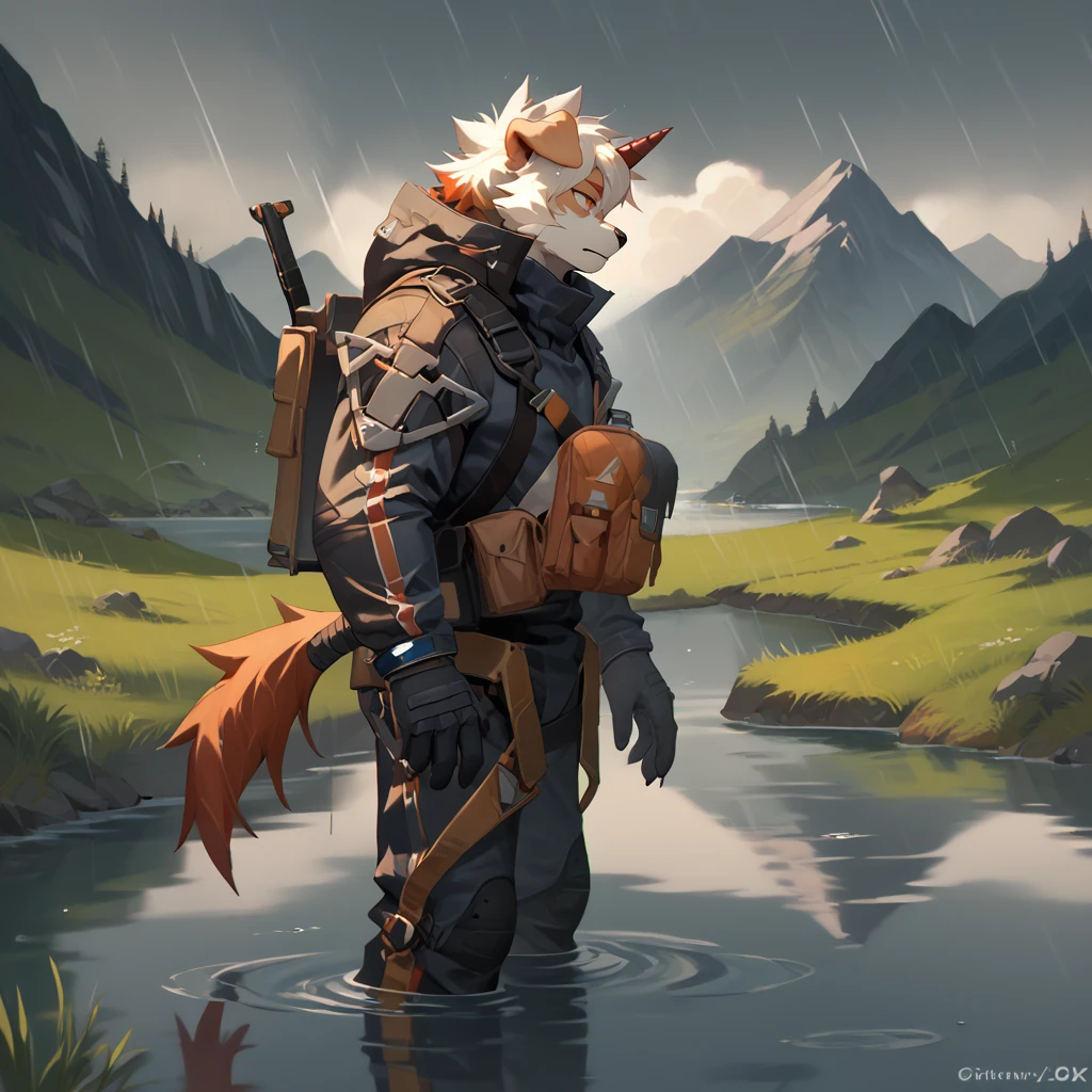 score_9_up,score_8_up,score_7_up,score_6_up,score_5_up,score_4_up,zPDXL,
dragon,standing,
<lora:bridgesuit-XL-000004:0.9>,bridgesuit,triangle,raining,water drop,reflection,grass,mountain,
<lora:Hung_Arknight:1.1>,hung,furry,white hair,white fur,dog ears,orange hair,single horn,streaked hair,brown fur,orange eyes,