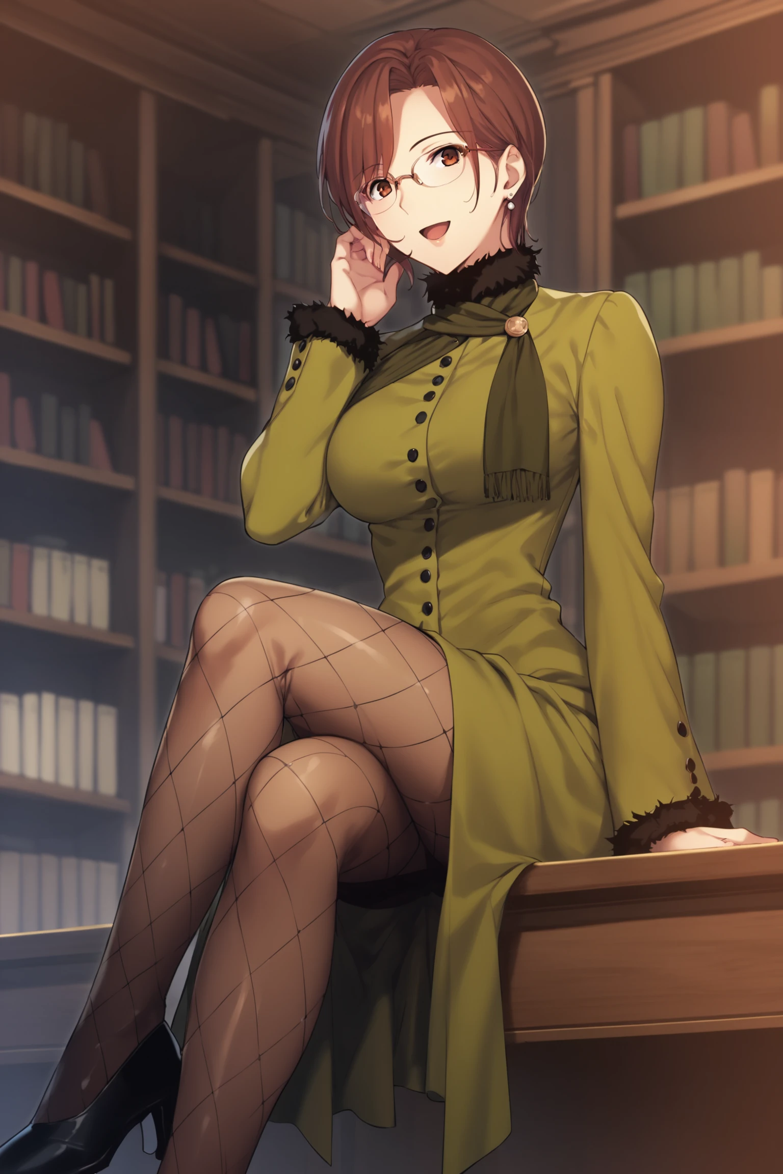 score_9, score_8_up, score_7_up, score_6_up, score_5_up, source_anime, rating_safe, medium breasts, indoors, library, 1girl, solo, <lora:age_slider_v4:3>, aozaki touko, brown hair, short hair, brown eyes, glasses, dress, long sleeves, green dress, scarf, fishnets, fishnet pantyhose, highheels,  <lora:Touko_Aozaki:0.8>, dynamic pose, (full body:1.1), open mouth, sitting on desk