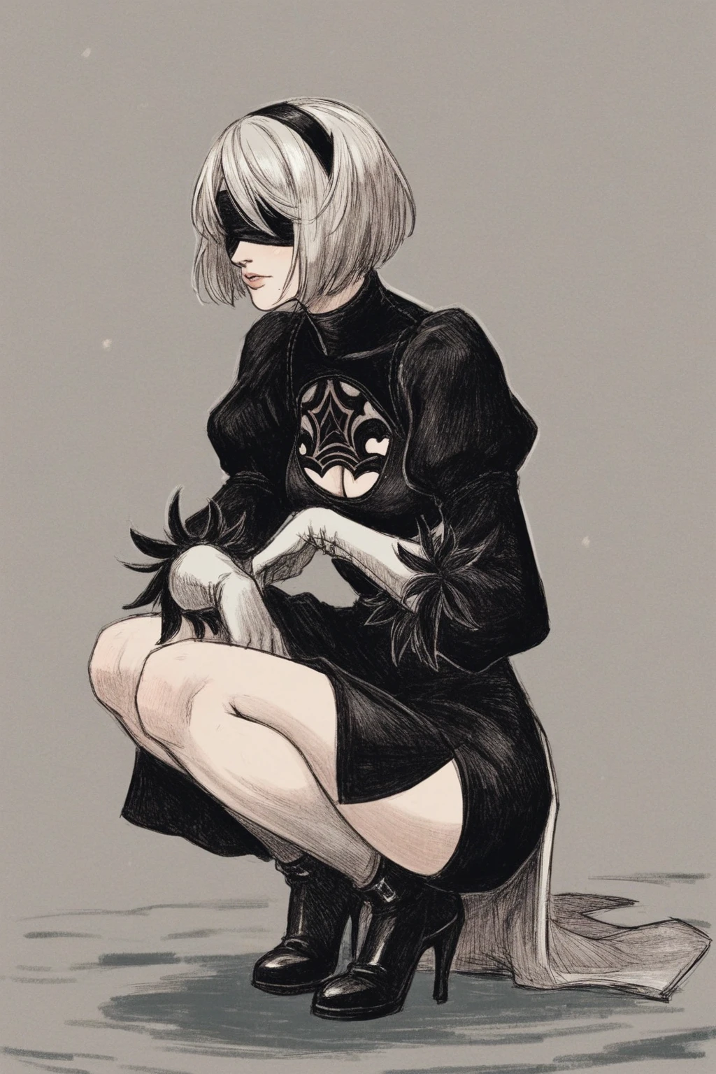 score_9, score_8_up, score_7_up, 2b \(nier:automata\), blindfold, black dress, solo, solo focus, cowboy shot, simple background,  , Crouching on the ground, looking up. BREAK p65fn <lora:ruffct:0.8>