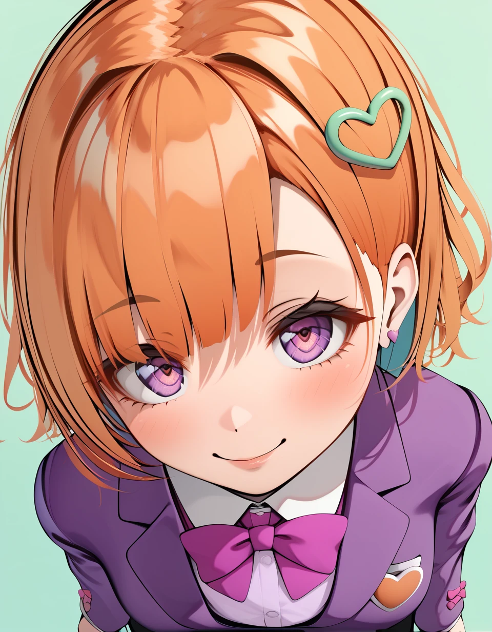 1 girl , solo , standing , <lora:hadehearthairring_sdxl_0001:0.75> , hadehearthairring , heart hair ornament , hair pin , manga color illustration , high quality , ultra-detailed , 4k, high resolution , light green  background , short  orange hair  , purple  blazer  , upper angle