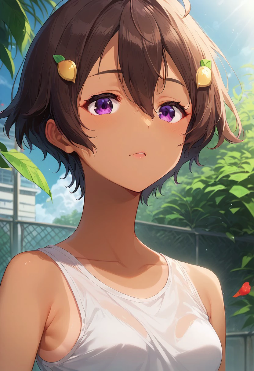 yakishio remon, brown hair, short hair, ahoge, bangs, hair between eyes, hair ornament, food-themed hair ornament, purple eyes, small breast, dark skin, dark-skinned female, tan, tanlines, BREAK  ((ultra-detailed)), ((best quality)), ((best quality)), ((beautiful eyes)), ((extremely detailed)), 4K, (8K), best quality, (beautiful), Master piece, highres, score_9, score_8_up, score_7_up, score_6_up, score_5_up, score_4_up, colorful, best quality, official art, highres, masterpiece, nai3, god light, detailed background, high quality background,