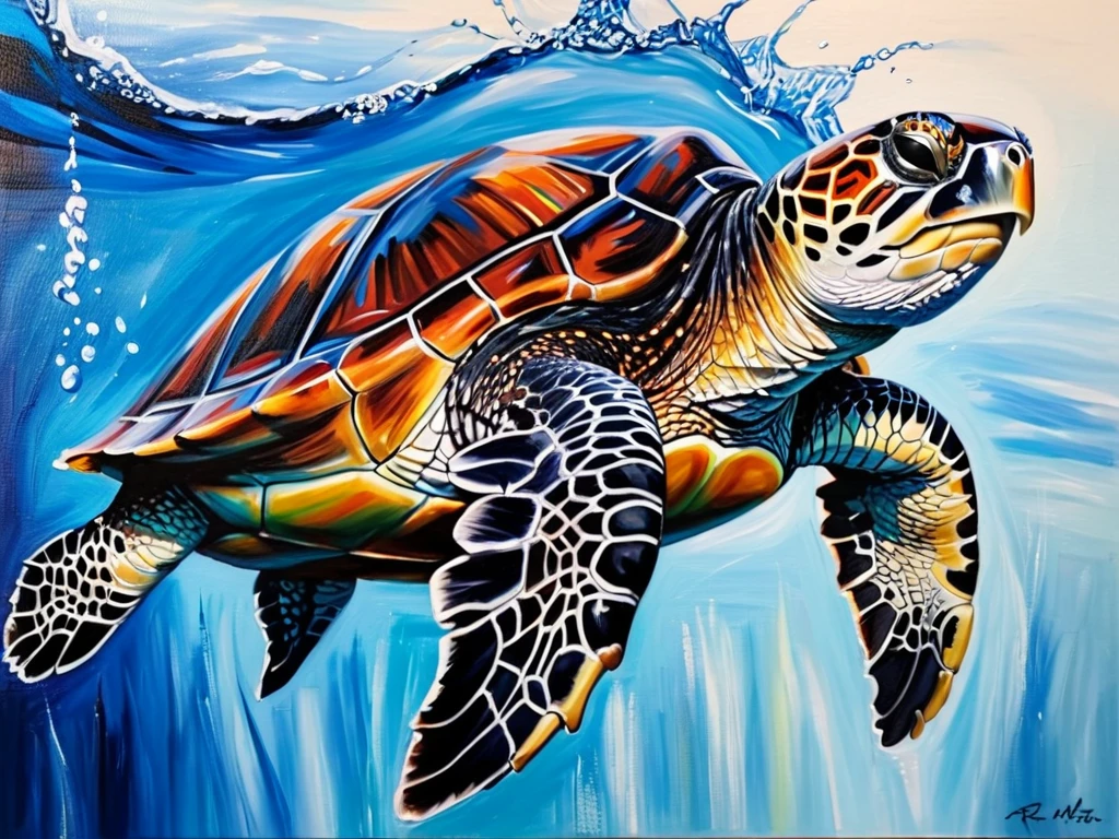 oil painting a turtle swimming  style by RM <lora:russ-mills-style:1>