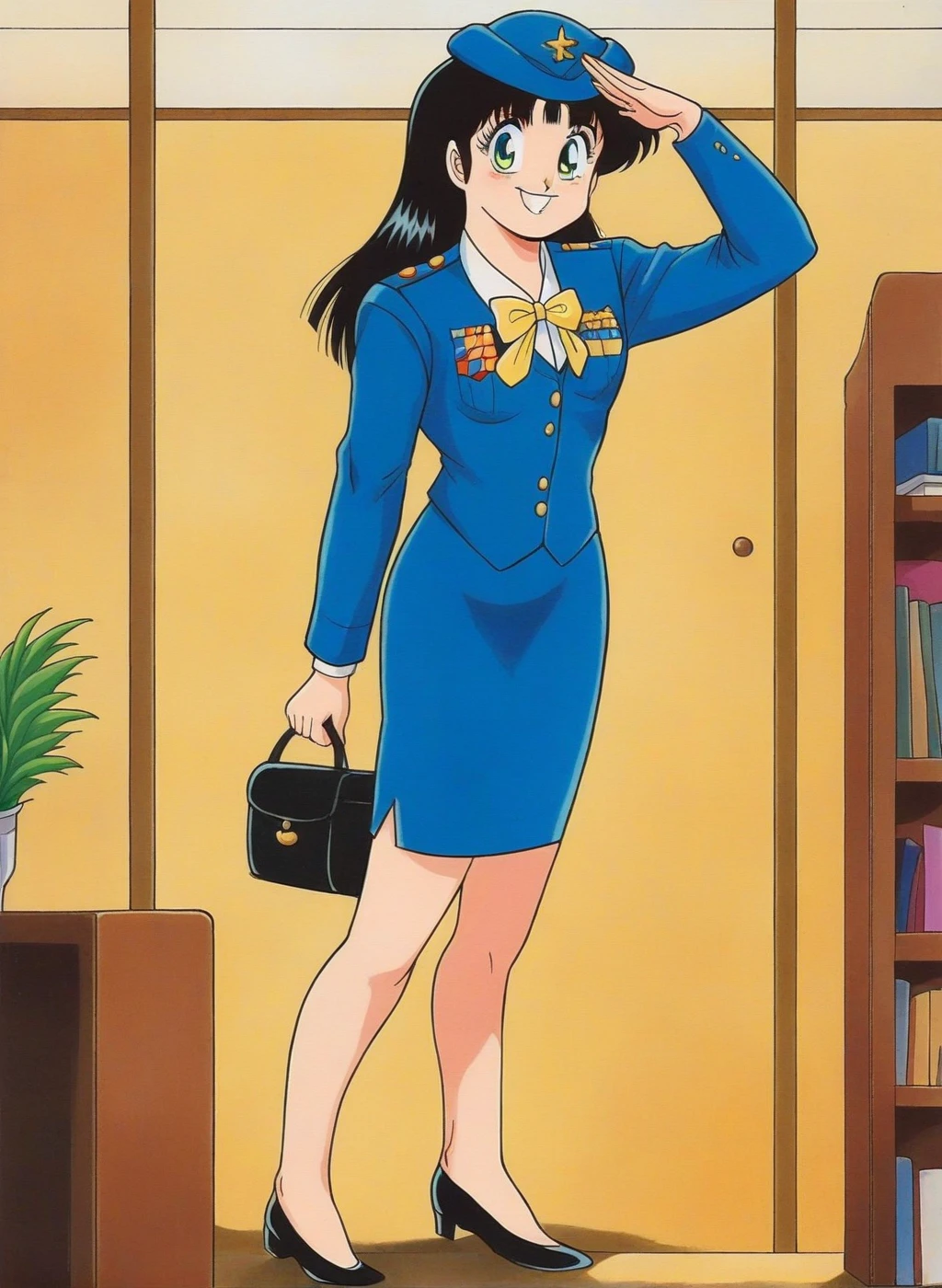 (zPDXL)Source_anime, 1girl, solo, full body, indoors, office, smile, standing, looking at viewer, <lora:hibino_chika_pony:1>, salute, hat,  hibino_chika, long hair, bow, retro artstyle, 1990s \(style\), pencil skirt, skirt, bangs, blue uniform, holding bag, yellow bowtie, jacket, vest, long sleeves, shirt, black hair, small breasts, green eyes, black handbag, black shoes,