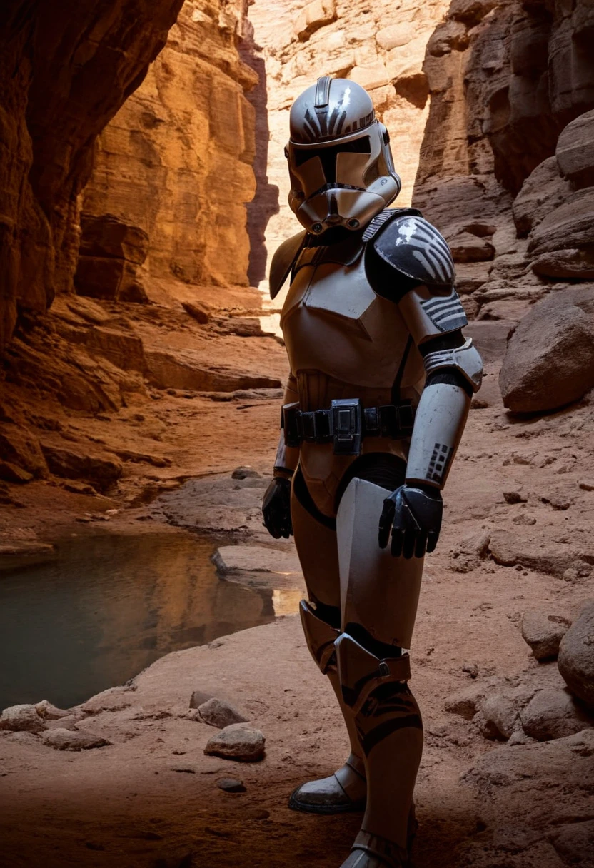 7-phase2 standing in canyon, armour, helmet, beautiful environment, reflections, realistic lighting, shadows, warm lighting, depth of field, desert, cave structures, large rocks,