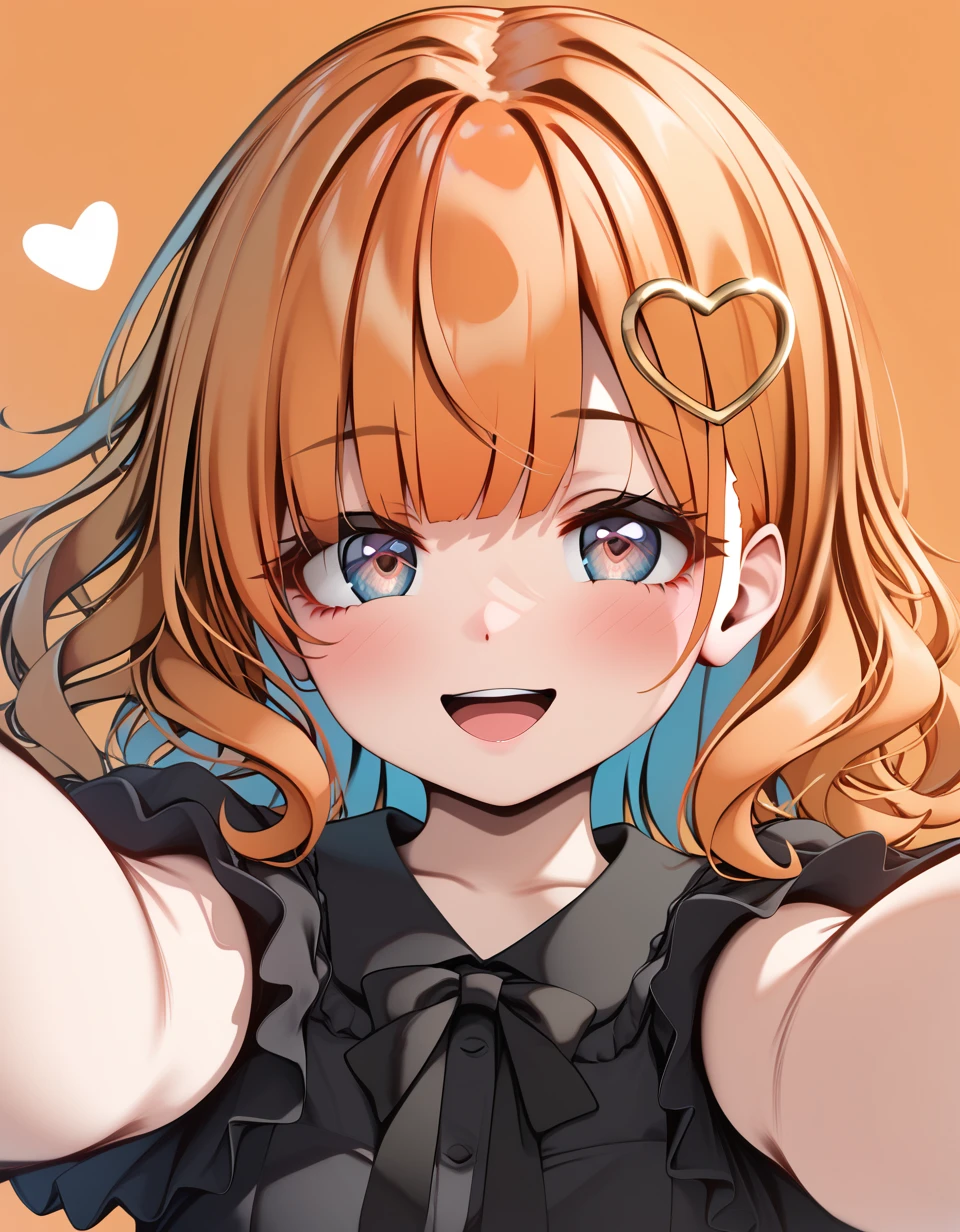 1 girl , solo , <lora:hadehearthairring_sdxl_0001:0.8> , hadehearthairring , heart on hair , anime , open arms  , high quality , ultra-detailed , 4k, high resolution , deep orange  background , medium  orange hair  , black  blouse