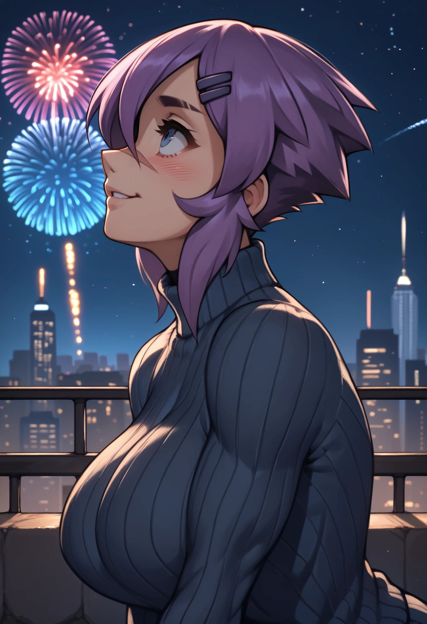 score_9, score_8_up, score_7_up, 1girl, mayanew, blue eyes, purple hair, short hair, hairclip, nose scar, eyebrow cut, large breasts, toned, biceps,
black sweater, turtleneck sweater, ribbed sweater, 
looking to the side, looking up, blush, smile, leaning forward,
outdoors, cityscape, fireworks, night sky, starry sky, upper body, side view, profile, from below,
<lora:Maya-NewStyle-Roadi3PDXL_V1-Manityro-CAME:1.0>,