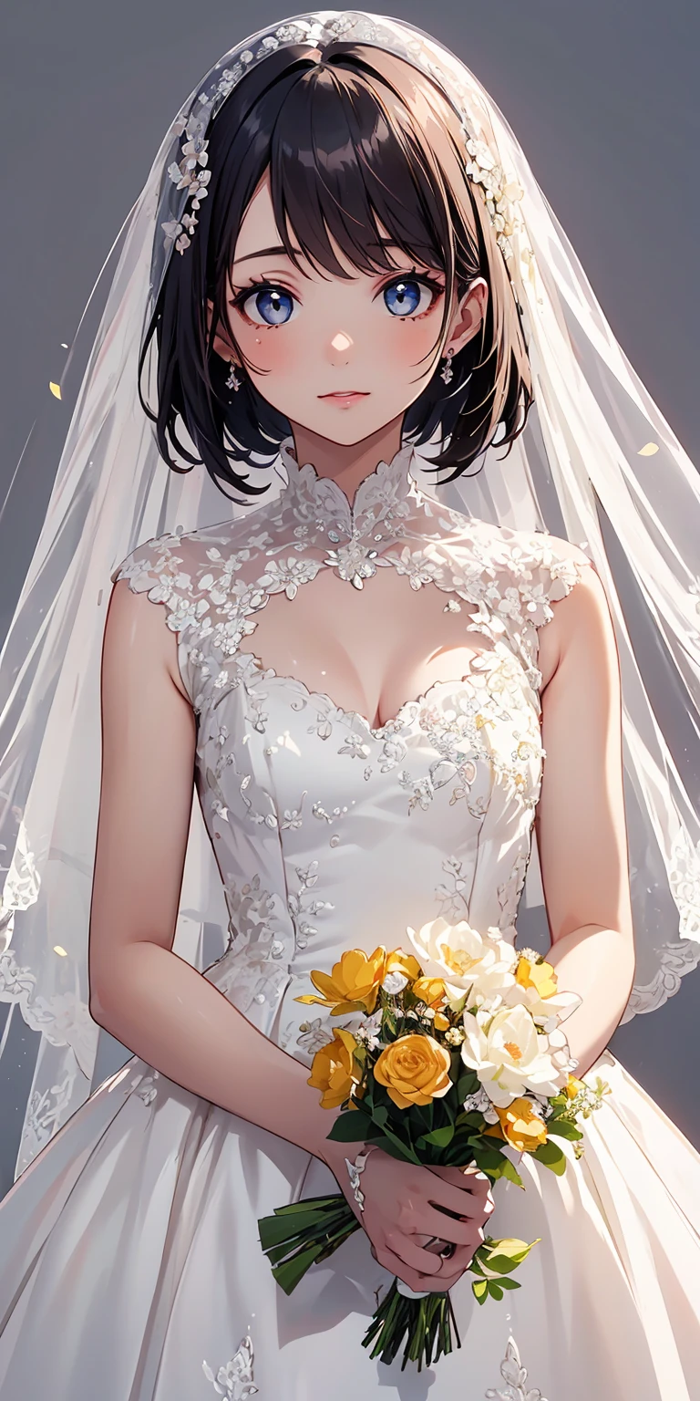 masterpiece,ultra-detailed,best quality,8K,illustration,cute face,clean skin ,shiny hair,girl,simple background , <lora:wedding dress_SD_V1.0:0.7> wedding dress, flower