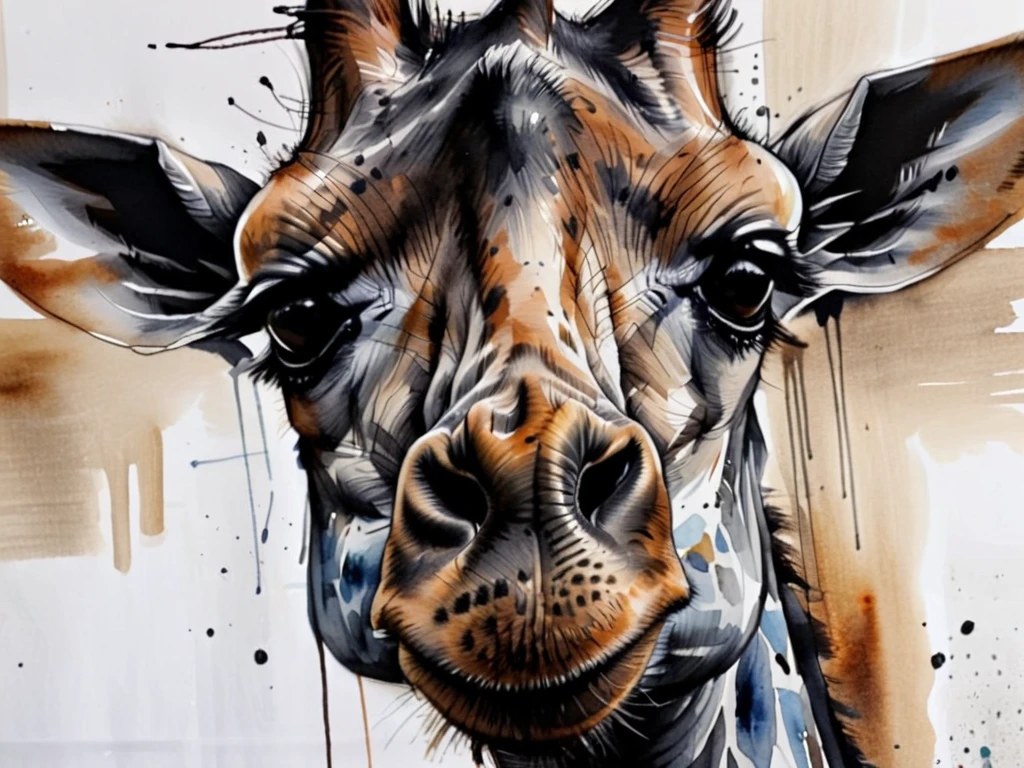 ink painting a very close up of a giraffe head looking at the viewer style by RM <lora:russ-mills-style:1>