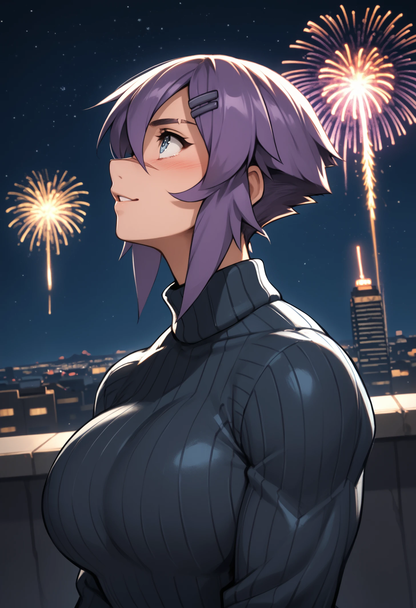 score_9, score_8_up, score_7_up, 1girl, mayaold, blue eyes, purple hair, short hair, hairclip, nose scar, eyebrow cut, large breasts, toned, biceps,
black sweater, turtleneck sweater, ribbed sweater, taut sweater, skin tight, tight clothes, 
looking to the side, looking up, blush, smile, parted lips, leaning forward,
outdoors, cityscape, fireworks, night sky, starry sky, upper body, side view, profile, from below,
<lora:Maya-OldStyle-Roadi3-PDXL_V1-Manityro-CAME:1.0>,