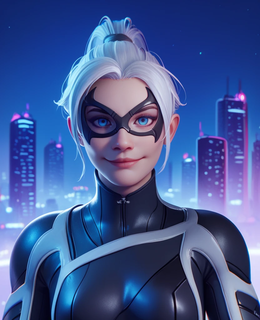 score_9,score_8_up,score_7_up,score_6_up,blckctXL,white hair,ponytail,blue eyes,black  bodysuit,domino mask,light smile,looking at viewer,standing,upper body,night,cityscape,<lora:BlackcatXL_r1:0.8>,