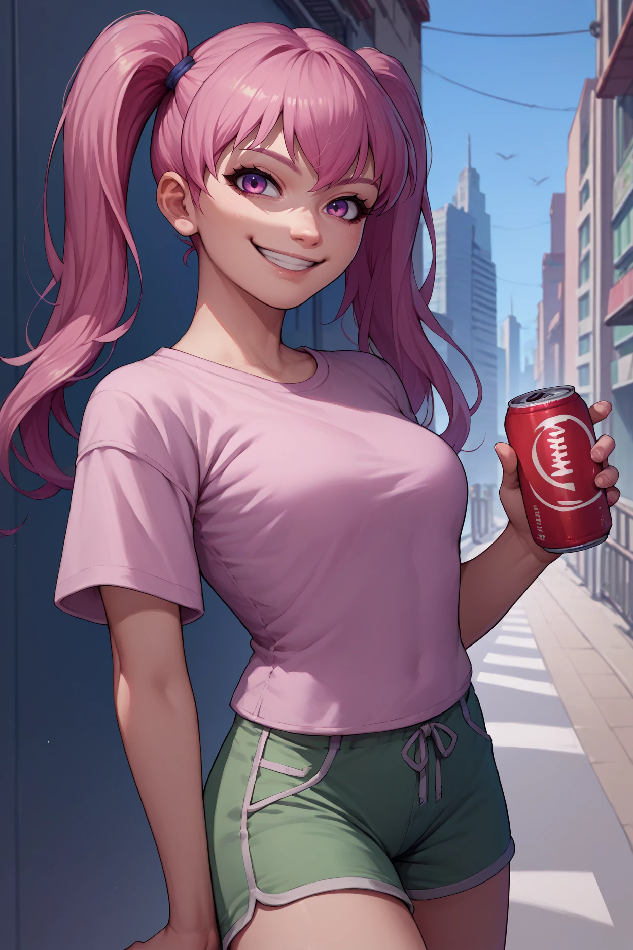 score_9, score_8_up, score_7_up, score_6_up, source_anime, 1girl, solo, <lora:feserra-pdxl-nvwls-v1-000007:1> defSerra, pink hair, twintails, medium breasts, pink t-shirt, green shorts, looking at you, holding soda can, smile, city