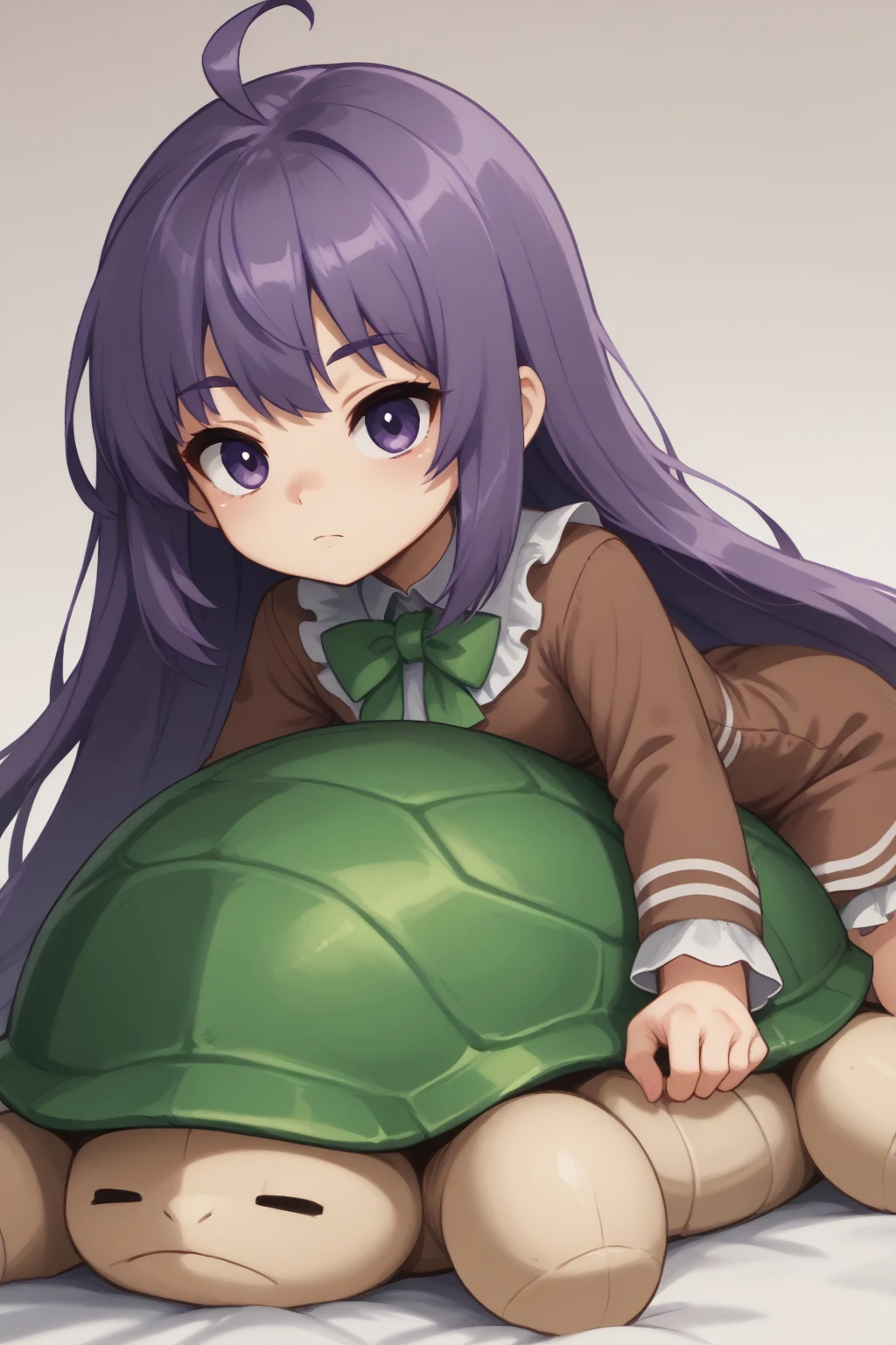 Ziru, 1girl, ahoge, very long hair, purple eyes, purple hair, closed mouth, expressionless, green_bowtie, long sleeves, brown dress, frilled dress, green shell, >_<, riding, stuffed_animal, turtle, on stomach,