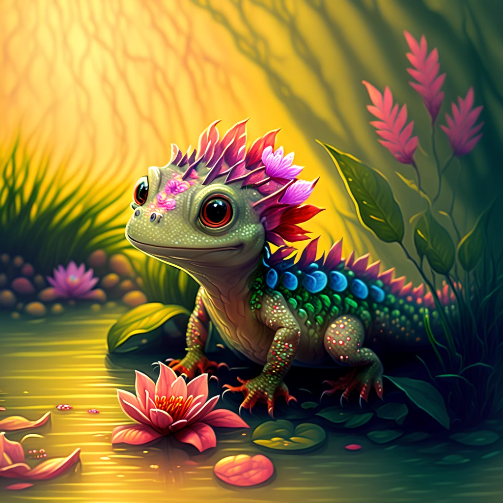 (best quality: 1.3), (masterpiece: 1.3), (illustration: 1.3), (super detailed: 1.3), (imid shot: 0.9), panther chameleon, solo, four legs, cute, thick fluffy tail, Chameleon (sunbathing on a big rock: 1.1),Chameleon colorful, luminous colors, pink, blue, purple, green, yellow, shut up, horns,Rock (cute bugs with luminous pink, blue, purple, red on rock: 1.3), Rock (surrounded by luminous pink, blue, purple, orange, yellow flowers and plants),