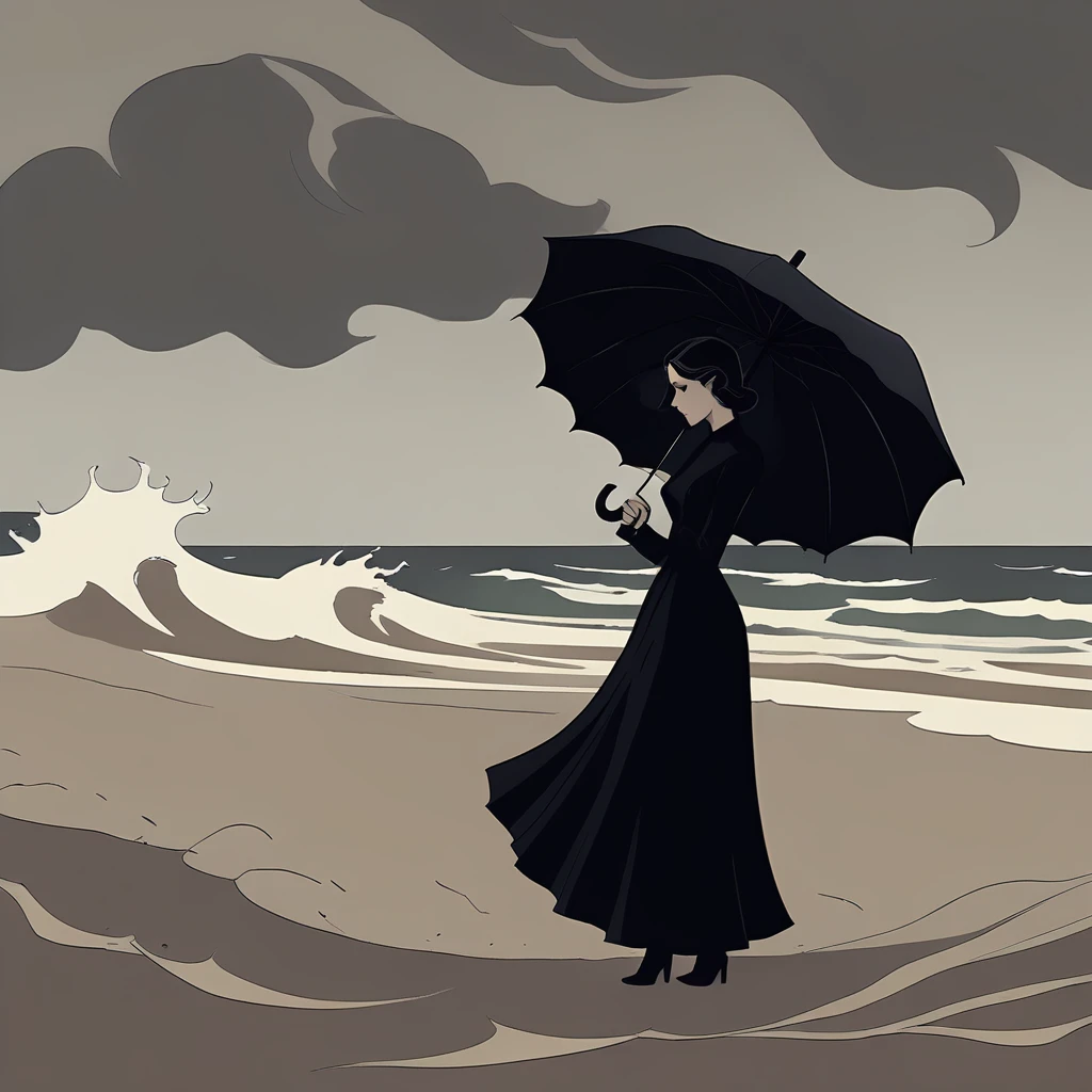 holding umbrella, s_darkcore style, lady on the beach, black dress, sand, stormy weather, big waves