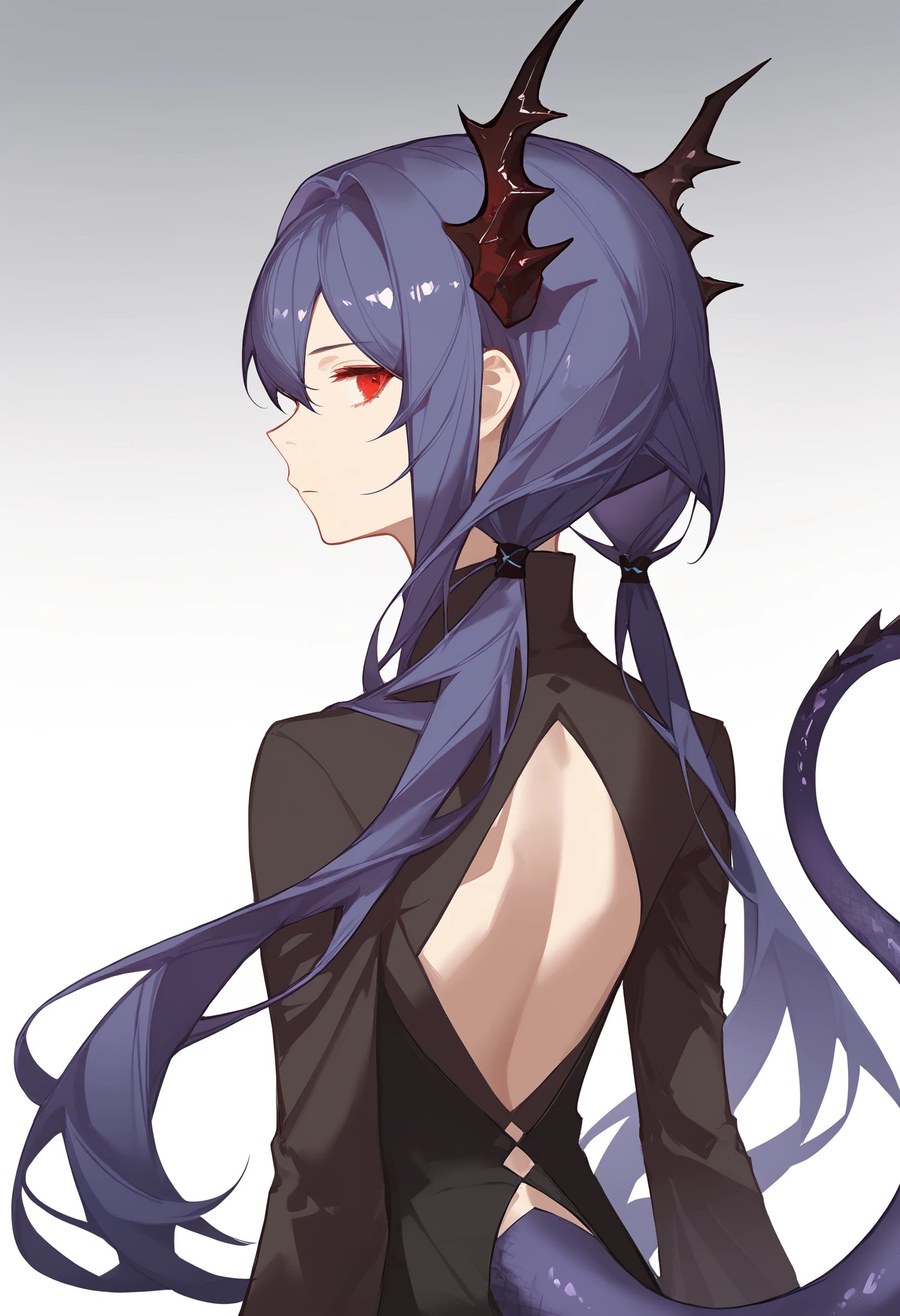 <lora:ask_(askzy)-000004:1>,1girl, solo, horns, red eyes, long hair, ch'en \(arknights\),  dragon tail,   looking back, looking at viewer, from behind, blue hair, upper body, gradient background, gradient, twintails, black dress, dress, closed mouth, profile, bangs, sidelocks, hair between eyes, clothing cutout, purple hair, back, simple background, backless outfit, long sleeves, grey background, white background, sideways glance, backless dress, expressionless, turtleneck