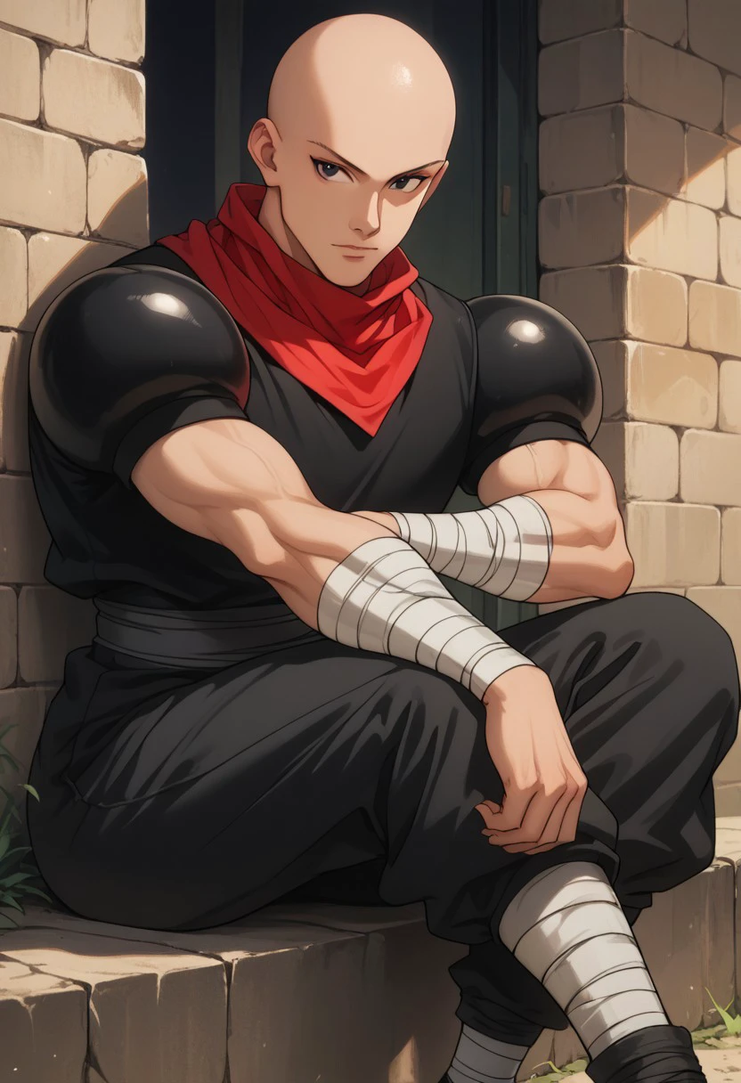 score_9, score_8_up, score_7_up, source_anime, rating_safe, Hanunter, 1boy, male focus, bald, black eyes, red bandana, black shoulder pads, black shirt, forearm bandages, dark grey pants, leg bandages, black shoes, sitting,