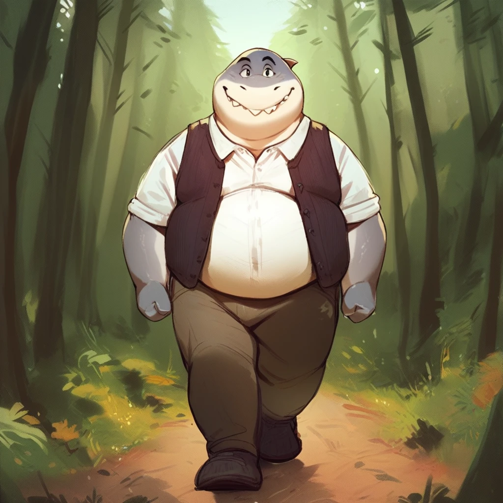 score_9, score_8_up, score_7_up, score_6_up, score_5_up, score_4_up, mrshark, shark, cartoon, chubby, fat, three toes, shirt, vest, pants, outside, forest background, forest scenery, wandering in the forest, walking, looking at viewer, smiling