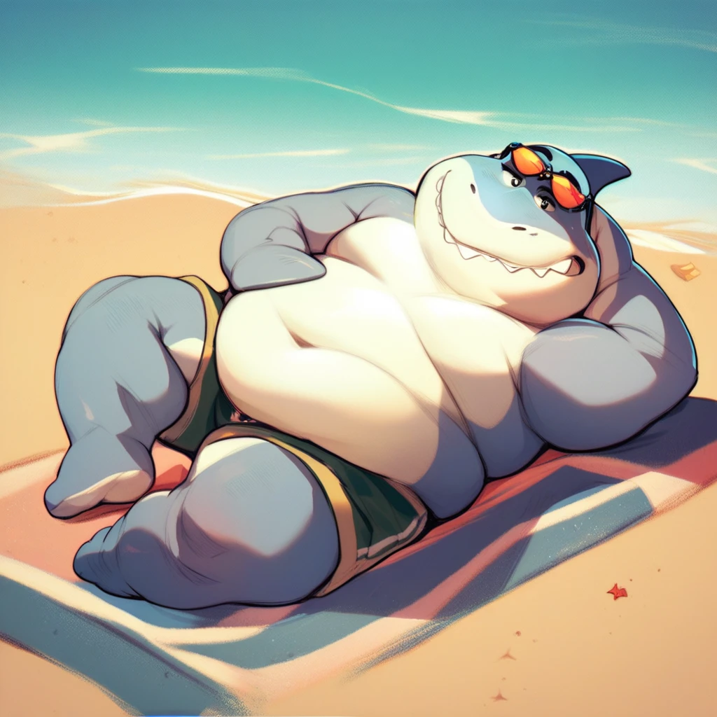 score_9, score_8_up, score_7_up, score_6_up, score_5_up, score_4_up, mrshark, shark, cartoon, chubby, fat, three toes, outside, beach background, beach scenery, water, relaxing, laying down, looking at viewer, sunglasses, barefoot,