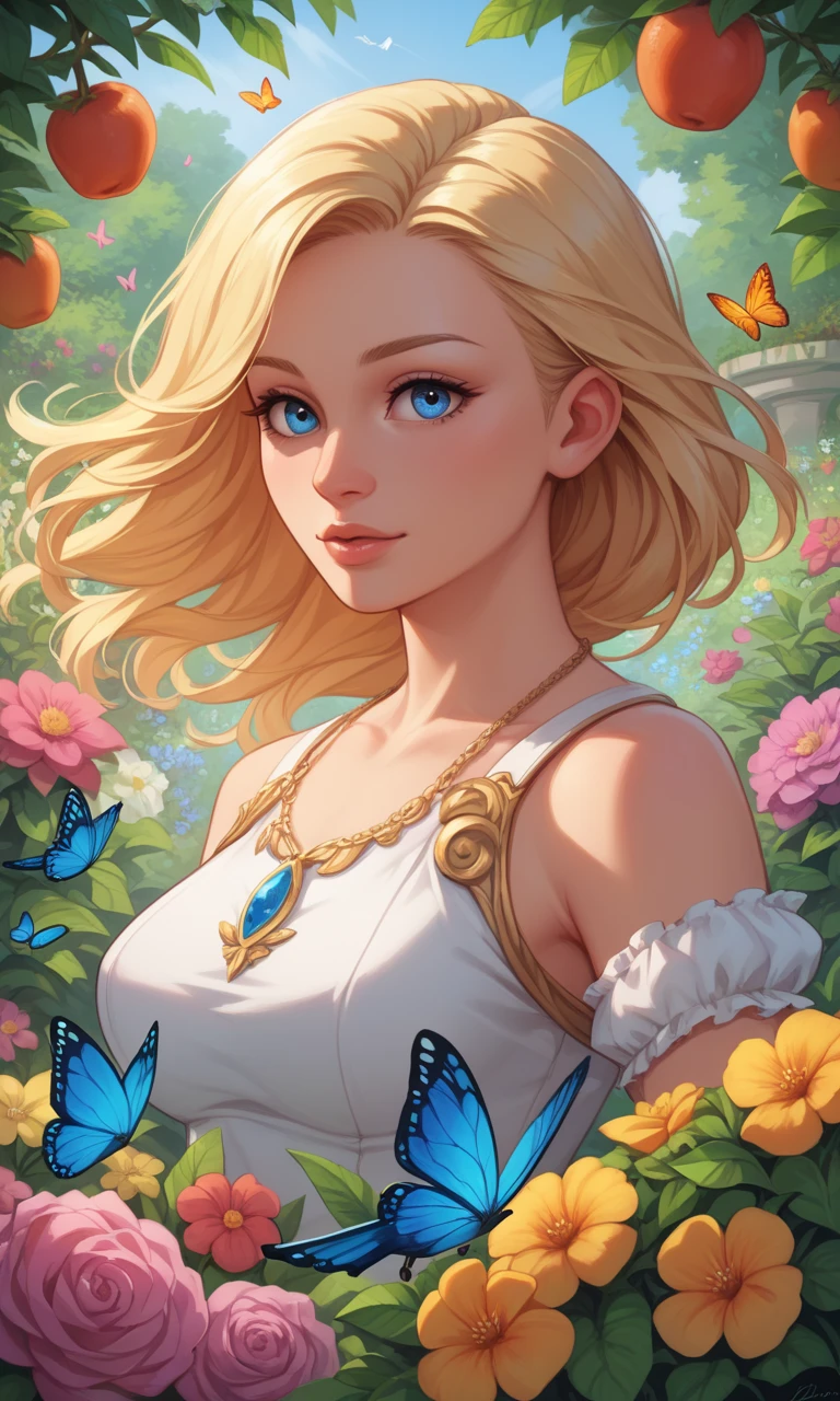 score_9, score_8_up, score_7_up, score_6_up, score_5_up, score_4_up, BREAK, portrait, 1girl, solo, blonde hair, blue eyes, masterpiece, best quality, ultra-detailed, floating, beautiful detailed eyes, detailed light, fruits, flowers, colorful, garden, colorful background, forest, bird, butterfly