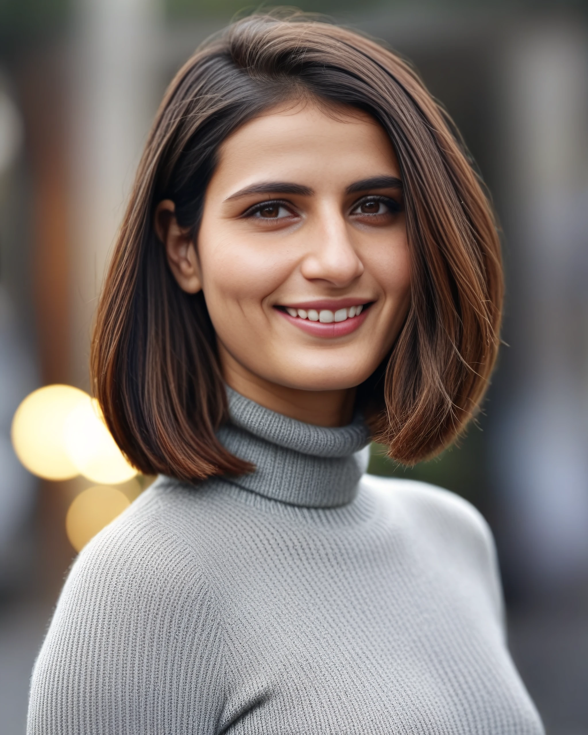 upper body photo of Fatima woman, solo, bob hair cut, smile, looking at the camera,  Silver turtleneck sweater, , contrasting background bokeh,  skindentation,  <lora:Fatima_SDXL_LoRA_prodigy_local_xformers_HNE:1>