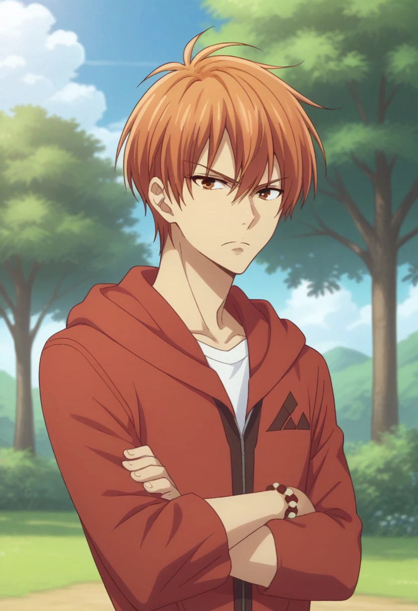 score_8_up, score_7_up, source_anime, highly detailed, 
kyosohma, 1boy, male focus, solo, crossed arms, hood, orange hair, upper body, hoodie, red hoodie, pants, brown pants, looking at viewer, standing, jewelry, bracelet, frown
outdoor, sky, trees,