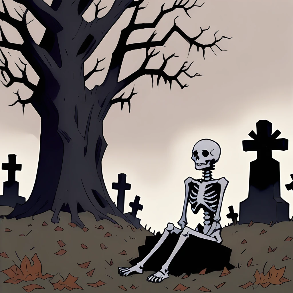 s_darkcore style, skeleton girl, sitting in cemetery, autumn, sad scene, tree, leafless