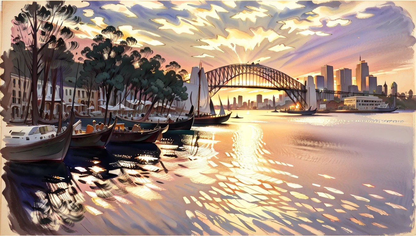 best quality,masterpiece,highly detailed,ultra-detailed, 
 <lora:neg9V2_last:0.7>      <lora:watercolor sketch:1> watercolor sketch by john-singer-sargent, 
Sydney Harbour Bridge, Sydney, Australia, Western culture, Autumn, Sydney Harbour Bridge at sunset