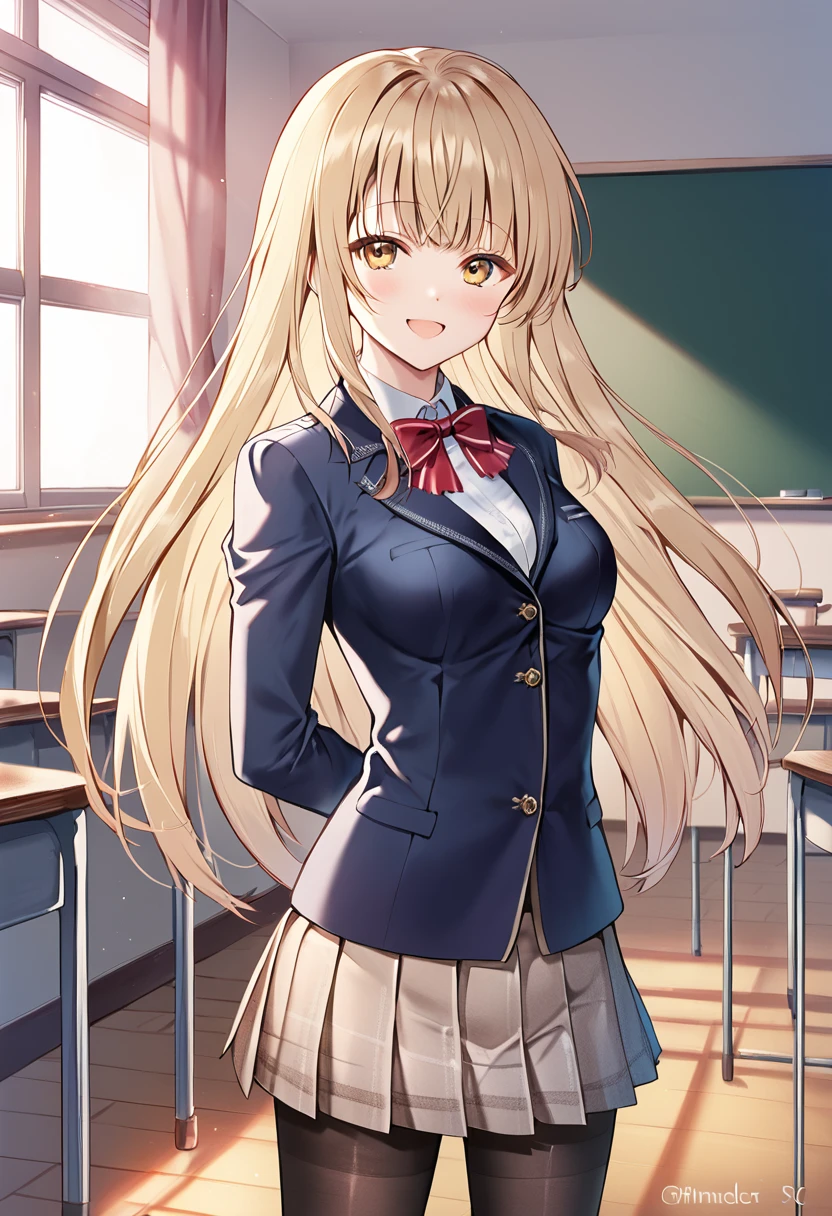 mahiru_shiina, blonde hair, long hair, yellow eyes, medium breasts, pleated skirt, arms behind back, blue blazer, light brown skirt, scholl uniform, white shirt, red ribbon, black pantyhose BREAK indoors, classroom BREAK cowboy shot, looking at viewer, standing,open mouth, happy face , dynamic pose BREAK score_9, score_8_up, score_7_up, source_anime ,zPDXL, perfect hand , <lora:Mahiru_Shiina:0.8>