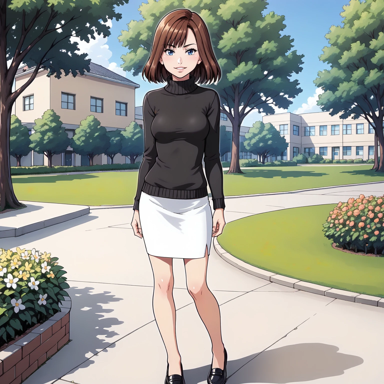 <lora:NBnSd_AiOonoseXLpony001>,
smirk,parted lips,
solo,
AiOonose,1girl,brown hair,medium hair,blue eyes,
turtle neck sweater,black sweater,short_sleeves,pencil_skirt,white skirt,
standing,full body,
outdoors,school,